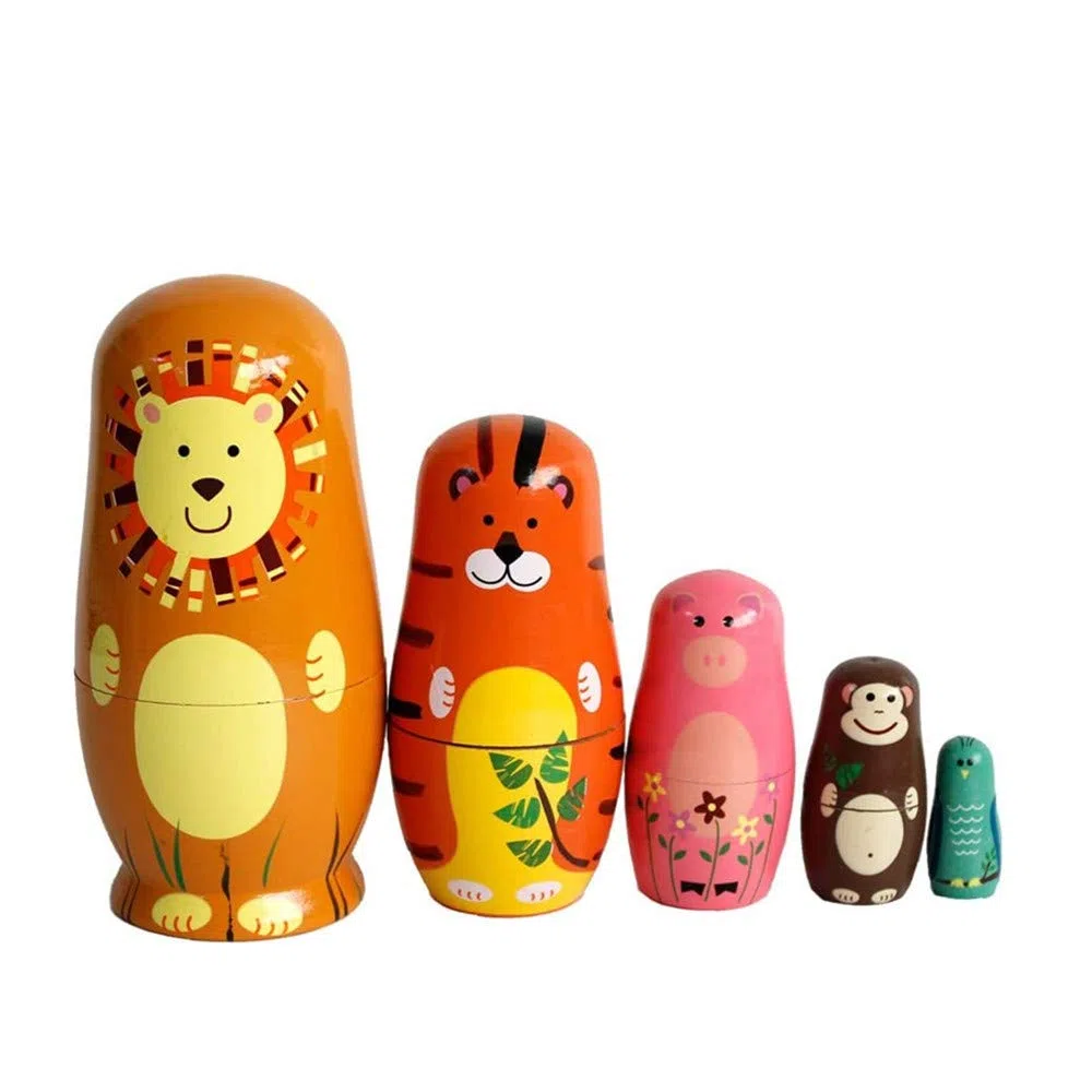 Oostifun 5pcs Cartoon Cute Handmade Russian Nesting Doll Playsets Animali in legno Nesting Dolls Stacking Dolls Collection Decoration(Animals)