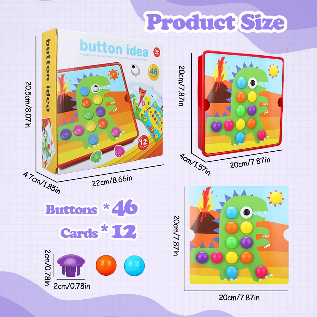 JurciCat Gioco Bottoni per bambini Con 46 grandi perline e 12 carte colorate Chiodini per bambini 2 anni Giocattolo educativo Regalare Regalo di Compleanno(Dinosauri)