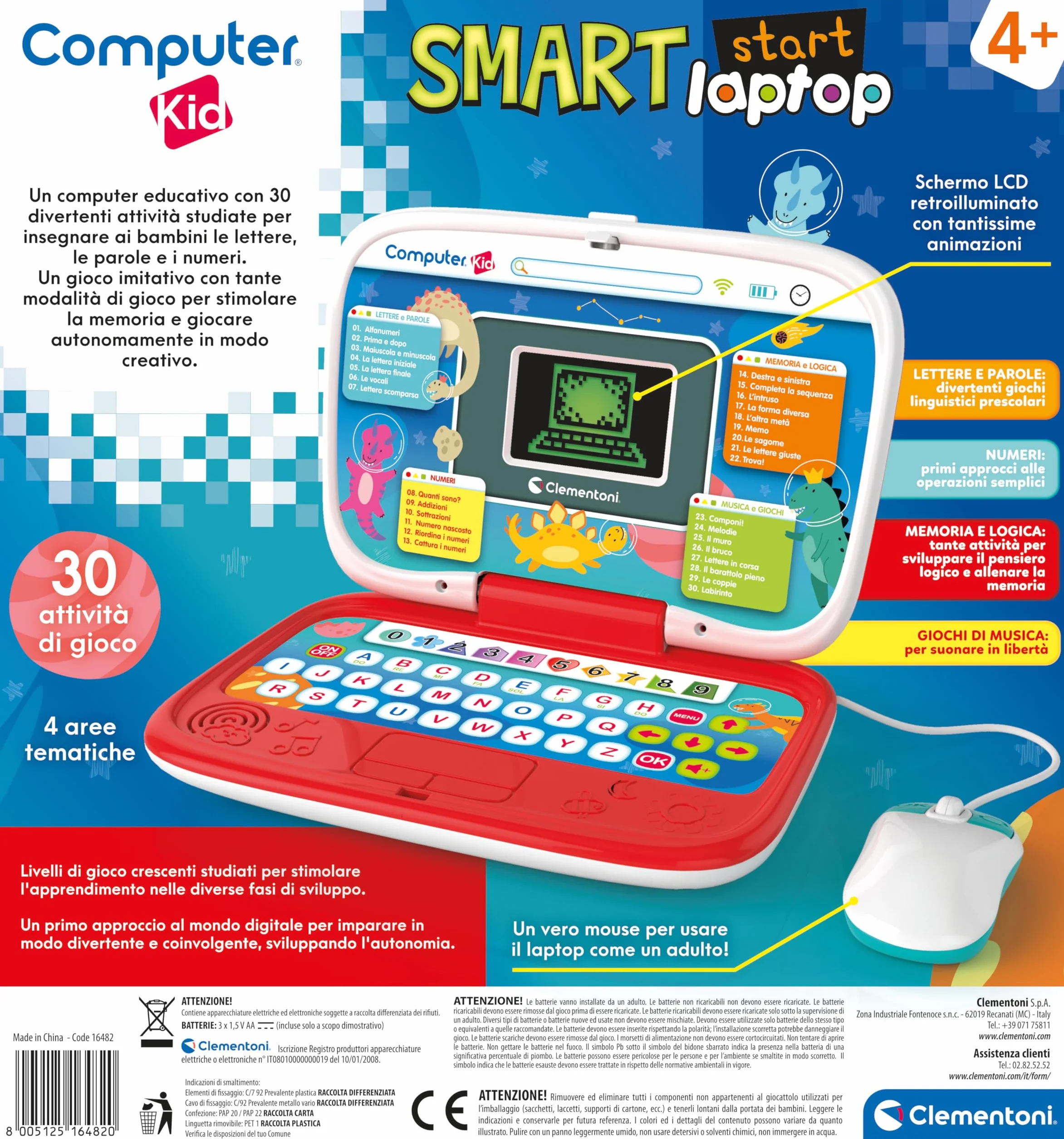 Clementoni - Computer Kid Smart Laptop Educativo Bambini 4+ Anni, 30 attività Educative, Gioco Elettronico per Imparare Lettere, Numeri e Musica, Mouse e Batterie Inclusi, Lingua Italiana, 16482