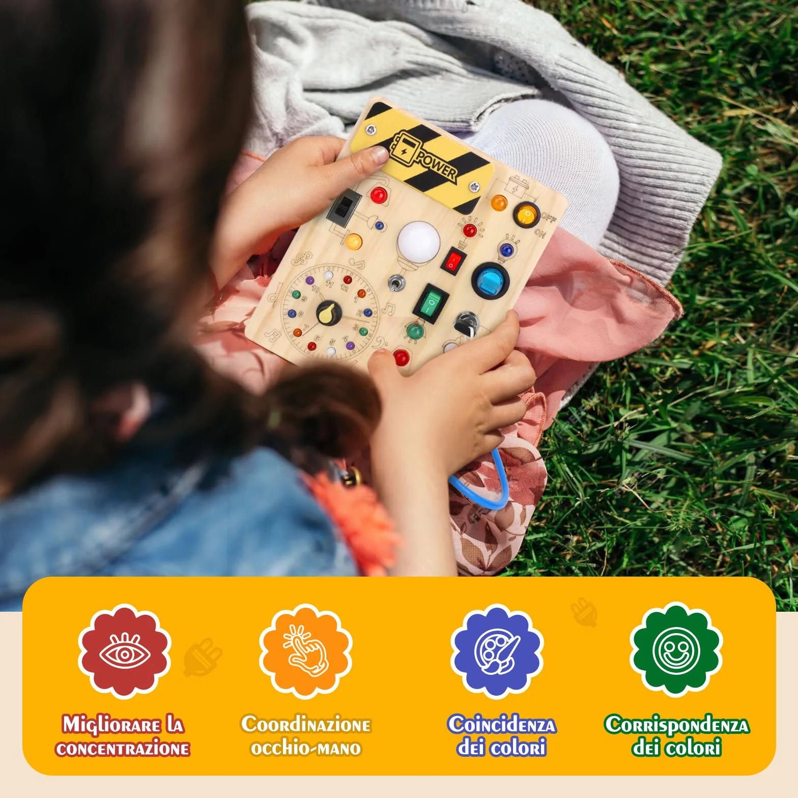 Hoarosall Busy Board Tavola delle attività Montessori in Legno per Bambini 1 2 3 Anni - Busy Board Sensoriale con 10 Interruttori e 23 Luci LED per Sviluppare la Motricità Fine