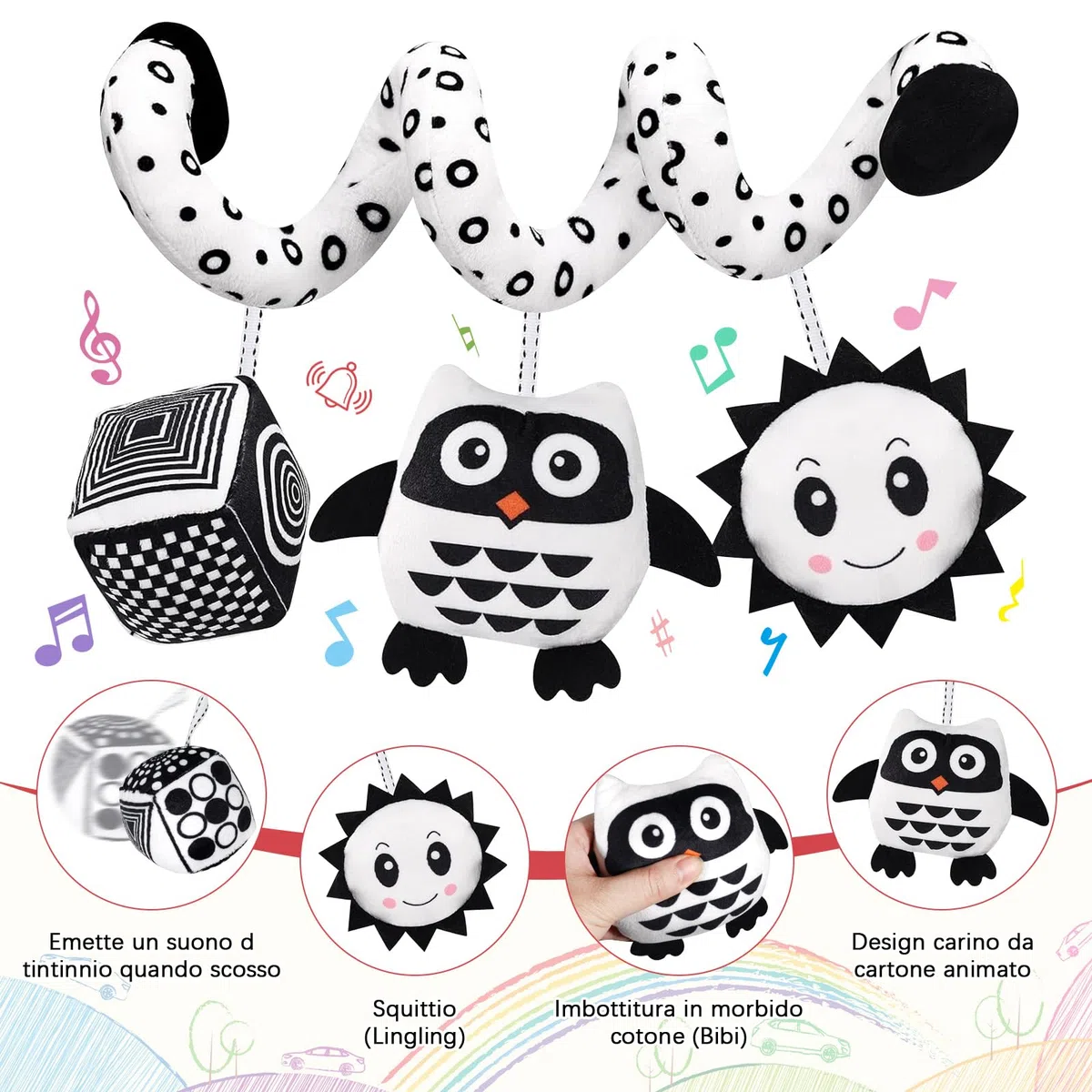 Giocattolo per Passeggino, Giocattolo di Peluche Sospeso a Contrasto Bianco E Nero per Culla/Seggiolino Auto/Marsupio, Giocattolo Baby Activity Spiral con Musica, Adatto a Bambini da 0 a 6 Mesi