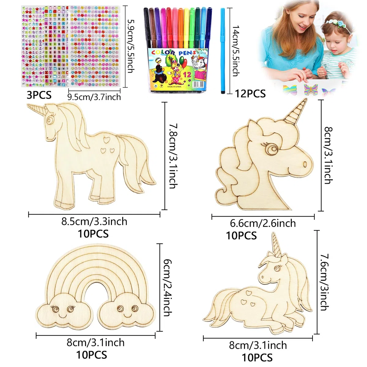 Qunkun Set fai da te in legno con unicorno, 55 pezzi, set fai da te creativo per bambini, set fai da te con matita ad acquerello e adesivi con pietre preziose