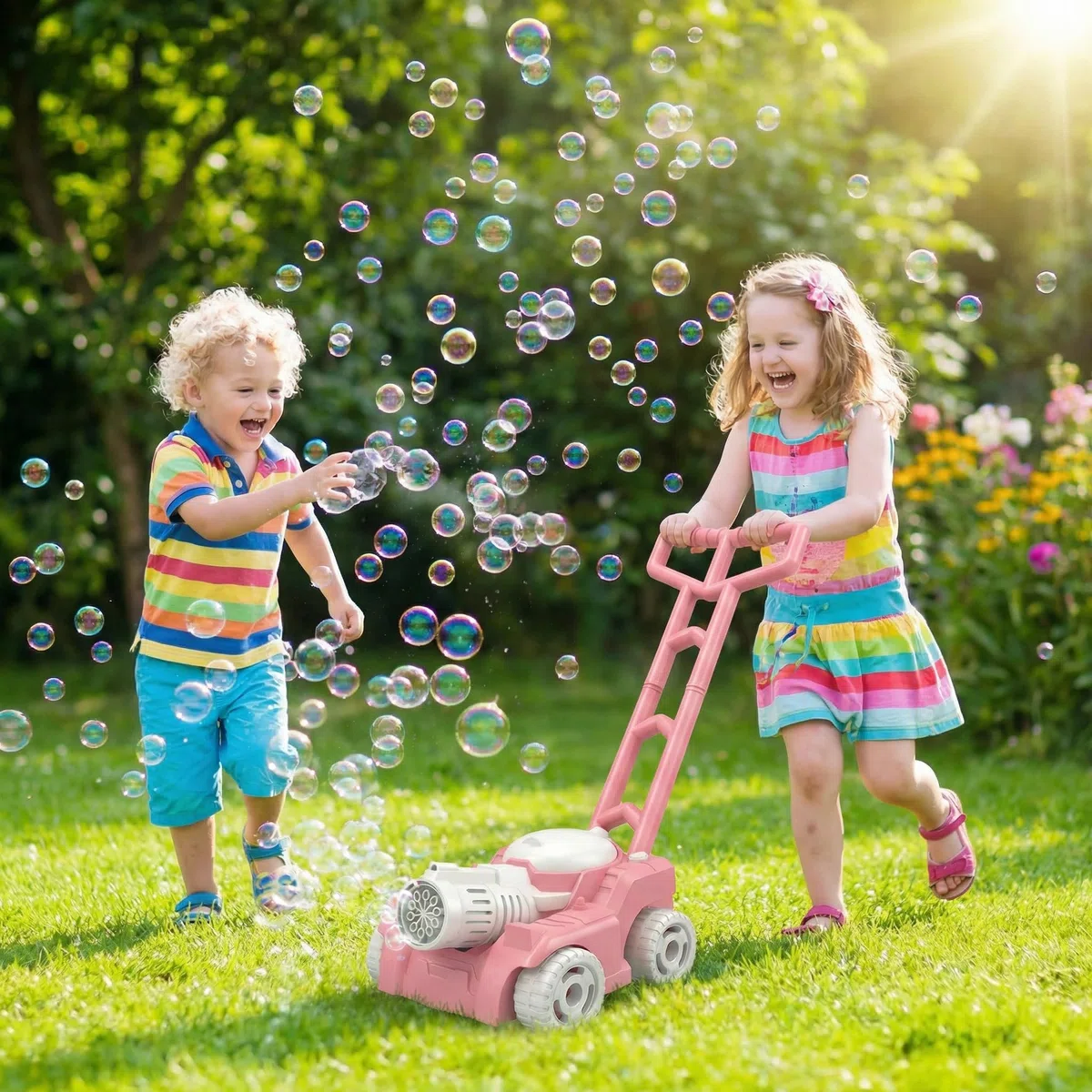 Tosaerba a Bolle per Bambini con Luce, Macchina per Bolle di Sapone da Esterno, con 4 Flaconi da 50 ml e 10 Bustine Concentrate, Giocattolo Rosa per Giardino, Cortile e Parco