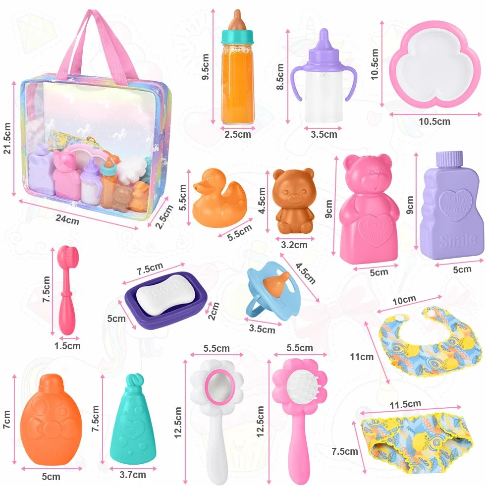 Aolso 18PZ Accessori per Bambole, Biberon Magico per Bambini e Ciucci, Set di Piatti e Posate per Bambole, Set Accessori Bagno per Bambola, dal Momento della Pappa a Quello del Bagnetto, Idee Regalo