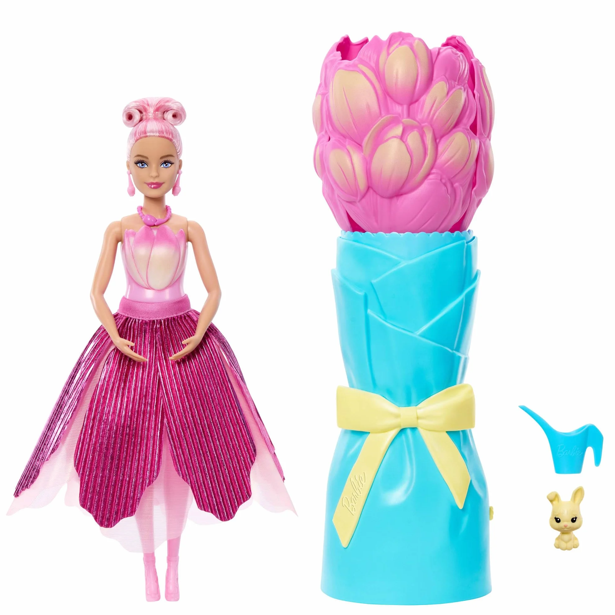 Barbie Petal Pop, bambola profumata con abito tulipano rosa e accessori, sorpresa bouquet con coniglietto e accessori come annaffiatoio, collana e orecchini, JMF57