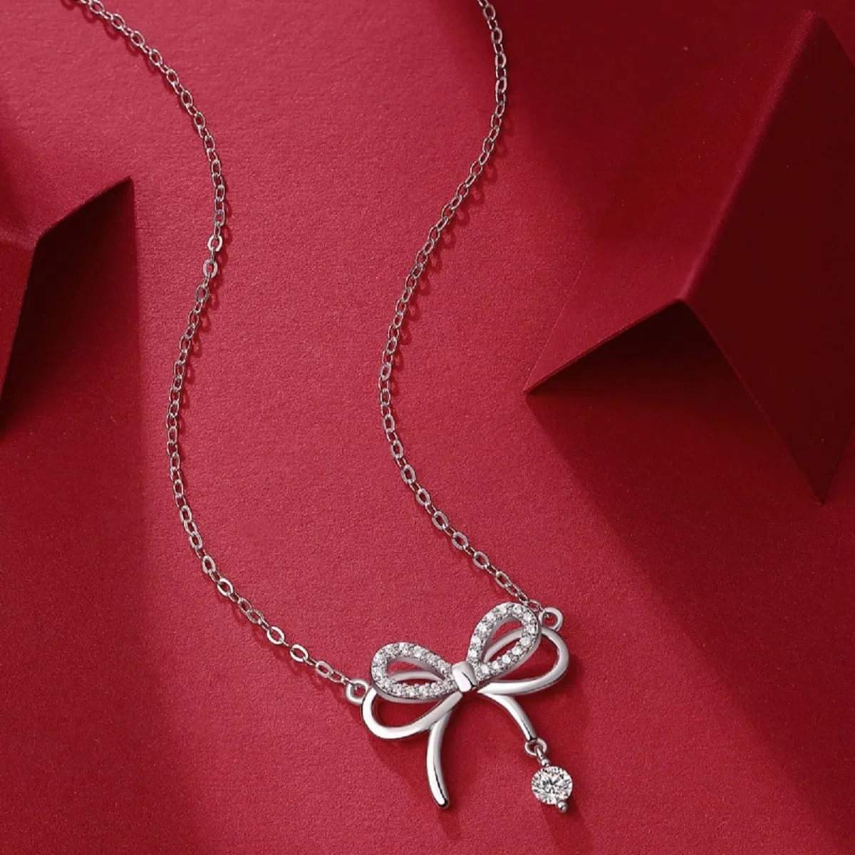 Collana Fiocco Argento 925 per Donna Bambina Ragazza Ciondolo Fiocco Rondo Zirconi Brillantini Collana da Donna Argento Cristalli Girocollo Catena Gioielli Regalo
