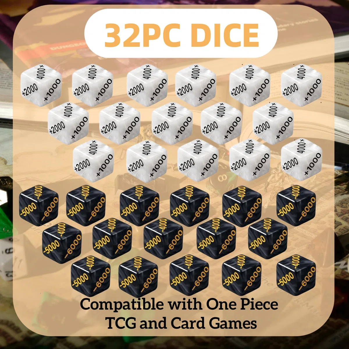 Set di dadi da 32 pezzi, 16 positivi (+1000 a +6000) e 16 negativi (da -1000 a -6000), finitura marmorizzata di alta qualità, compatibili con giochi di carte One Piece TCG, MTG e Allen