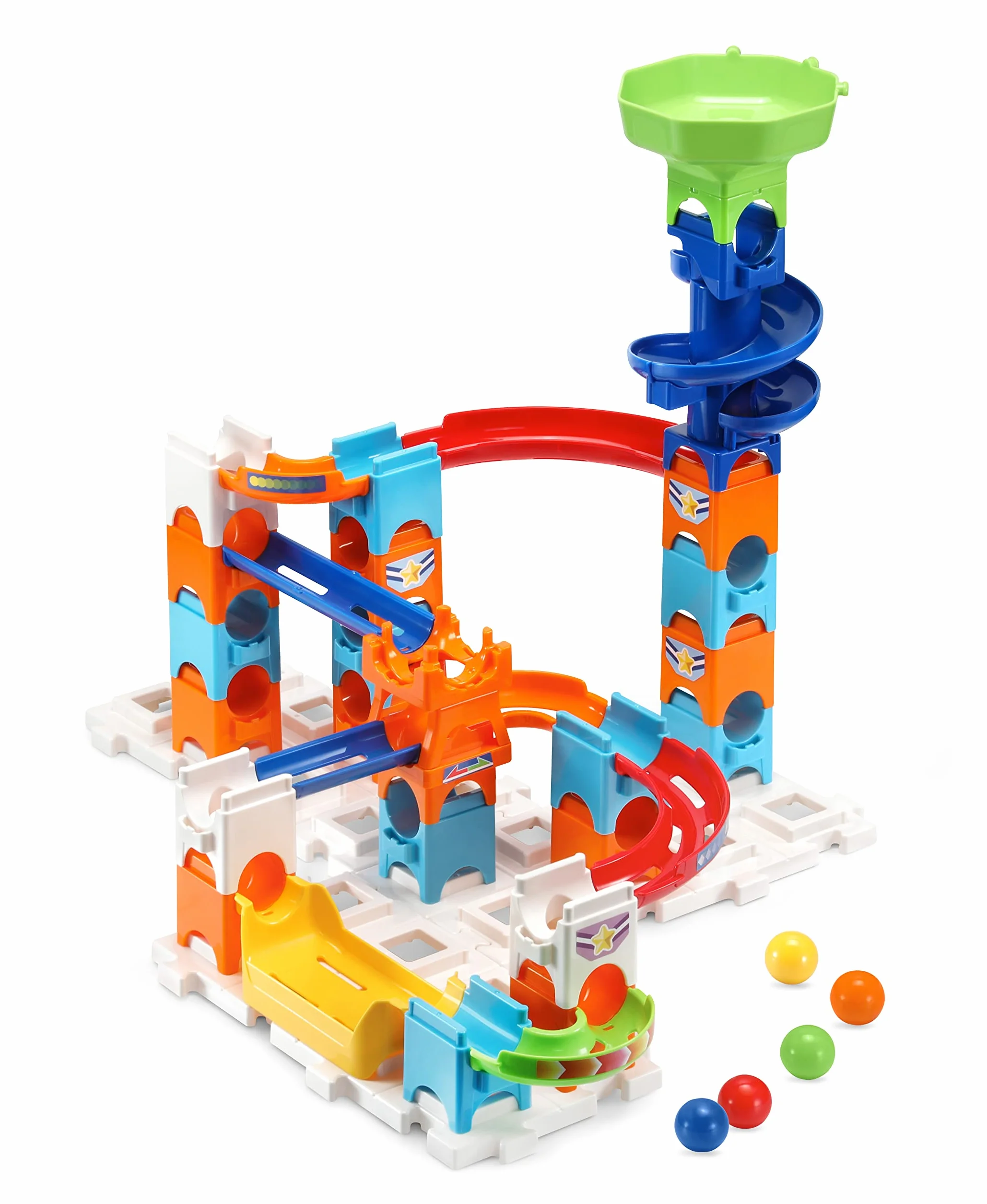 VTech Marble Rush - Adventure Set, Pista per Biglie con 62 Pezzi, 5 MarbleBiglie Incluse, Lanciatore e Area di Lancio, Molti Passaggi Segreti e Bivi, Tante Combinazioni, Batterie Incluse, 4+ Anni