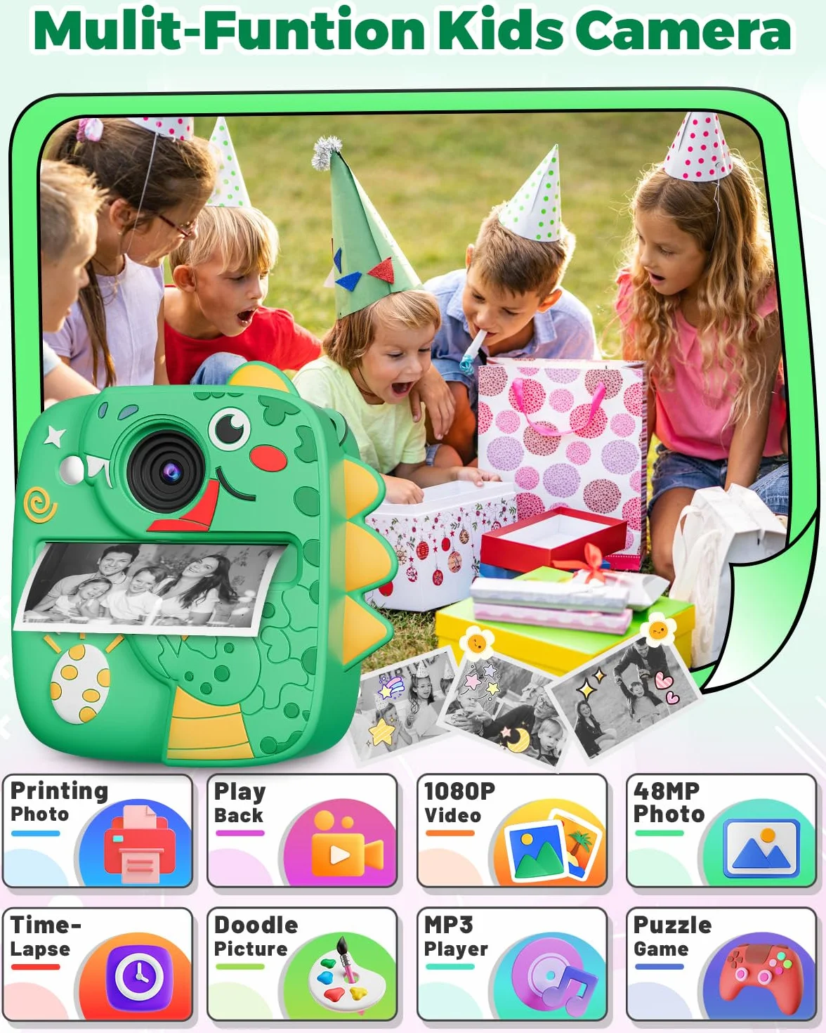 CHRERNA Macchina Fotografica Bambini Istantanea, Fotocamera Istantanea per Bambini con Carta da Stampa e Carta 32GB, Regalo per Bambini per Ragazze Ragazzi da 3-12