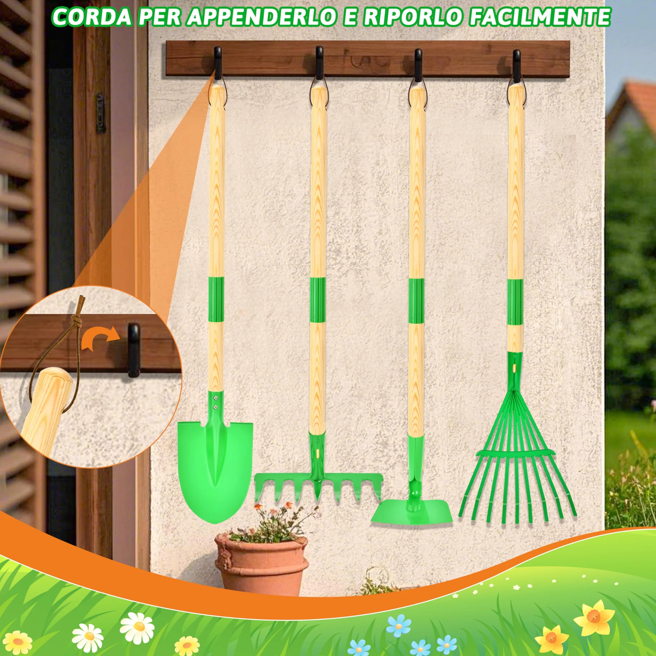 IEEILULU Attrezzi da Giardinaggio Bambini, Giocattoli da Giardino con Pala Guanti Grembiule e Annaffiatoio, Set di Attrezzi da Giardinaggio per Ragazzi e Ragazze dai 3 Anni (Verde)