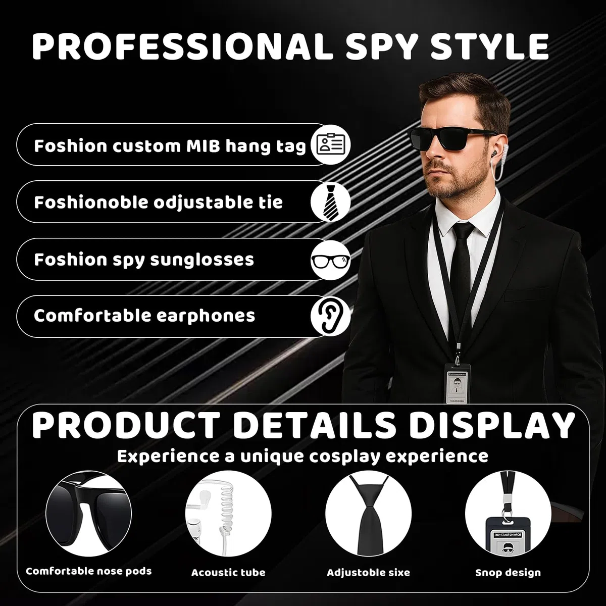 Costume da uomo in nero, costume di Halloween, 10 pezzi agenti, set di accessori per costume con occhiali da sole walkie-talkie, cravatta, badge e striscioni, costume di sicurezza per carnevale