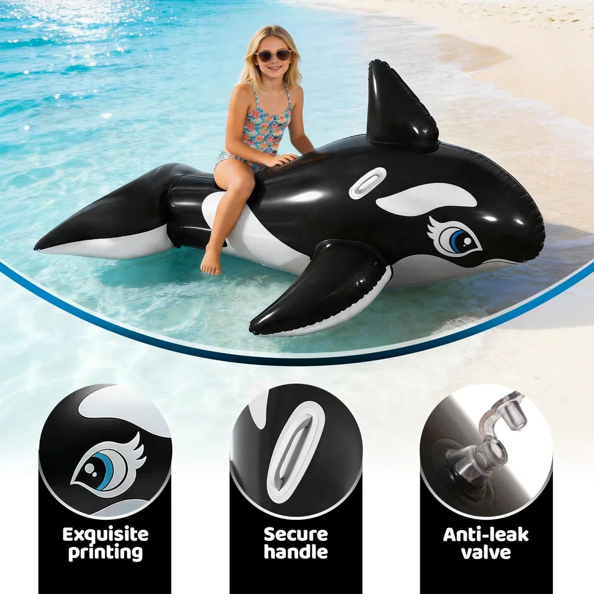Balena Gonfiabile per Piscina, dellyy Cavalcabile Gonfiabile Bambini, Orca Gonfiabile Galleggiante Piscina, Anello di Nuoto con Corrimano per Spiaggia e Piscina