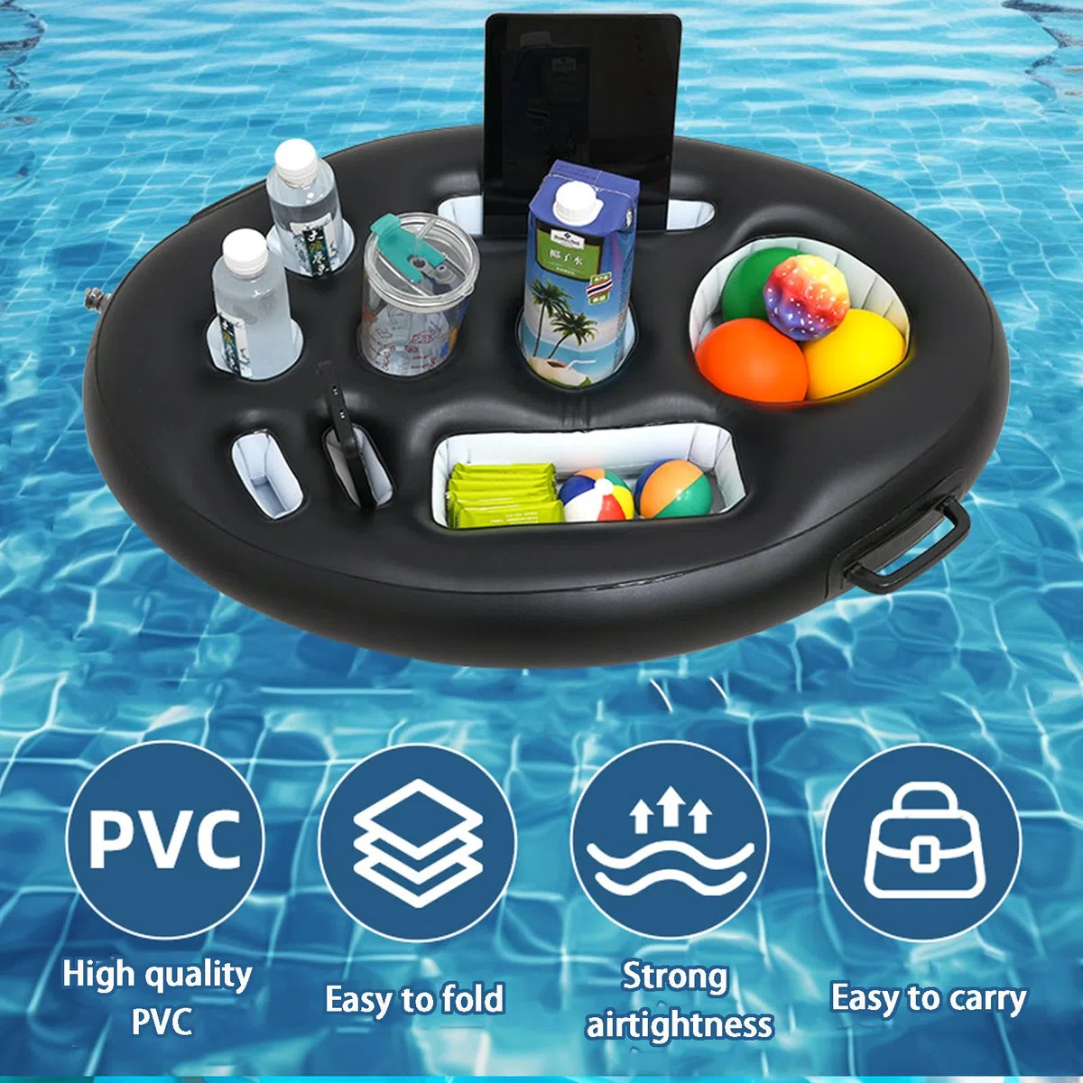 Vassoio Galleggiante per Piscina 9 Fori, 2-in-1 Portabibite Gonfiabile Piscina con Corda Trazione, Grande Portabicchieri Piscina, Bar Galleggiante Adulti Festa Estive in Piscina Gadget Piscina