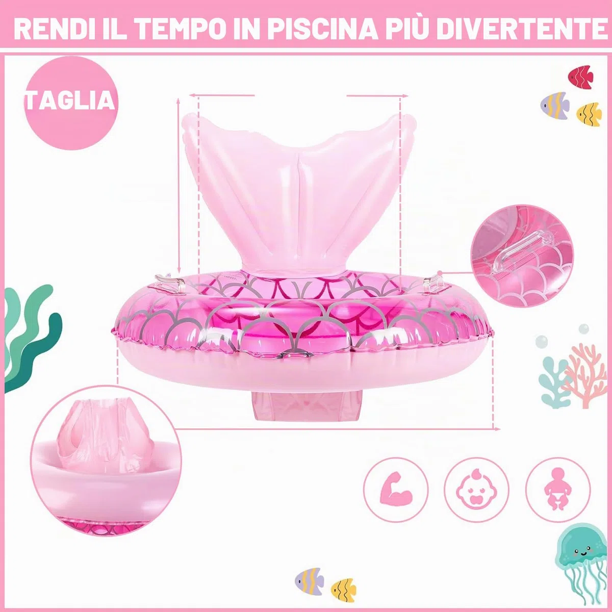 Salvagente Neonato per bambine,1-3 anni, anello gonfiabile per il nuoto del bambino, galleggiante per piscina con sedile e maniglia, anello gonfiabile per nuotare in piscina, ciambella neonato bambini