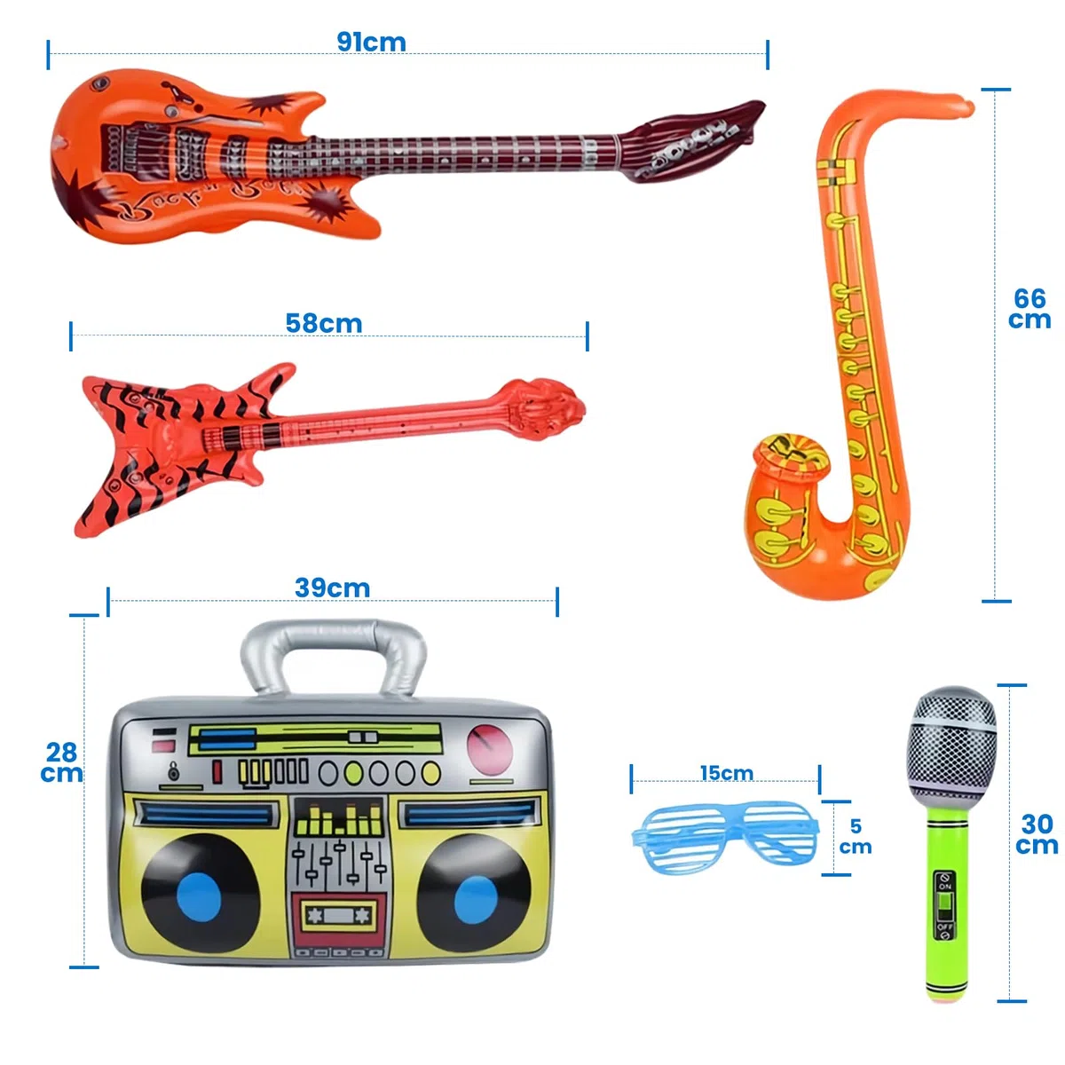 11 Pezzi Set di Strumenti Gonfiabili, 3 Paia di Occhiali da Sole + 3 Microfoni + 1 Chitarra + 1 Chitarra Elettrica + 1 Saxofono + 1 Radio + 1 Pompa ad Aria, Decorazioni Gonfiabili Natale per Feste di