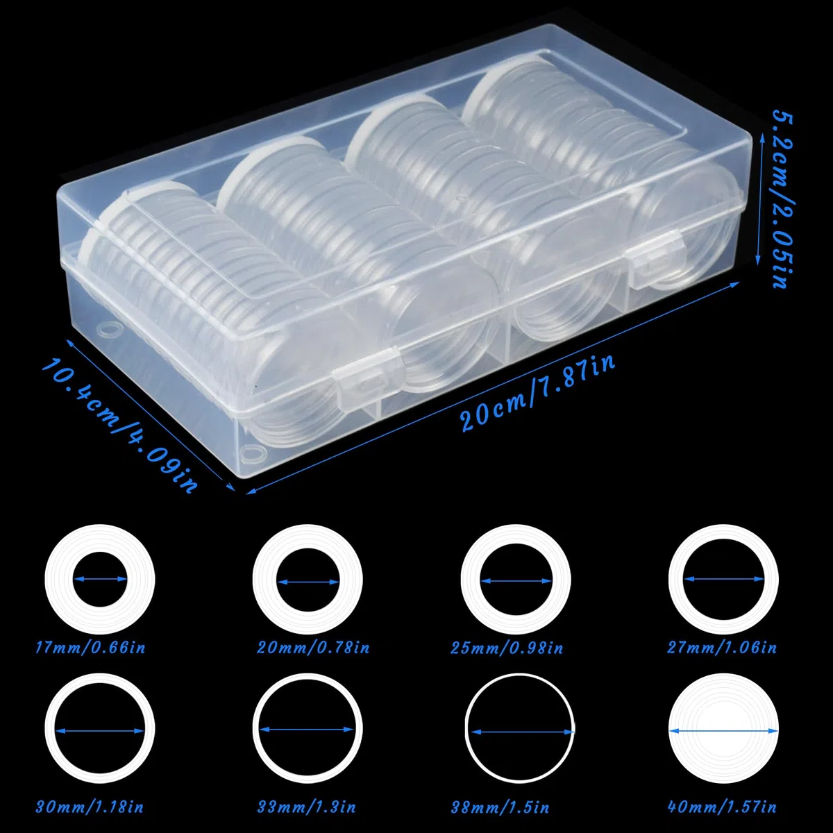 Capsule Monete 2 Euro,Porta Monete da Collezione,40 mm Capsule per Monetes,Coin Capsules con 60 Guarnizione in Schiuma,Clear Plastic Coin Collection,8 Misure (17/20/25/27/30/33/38/40mm)