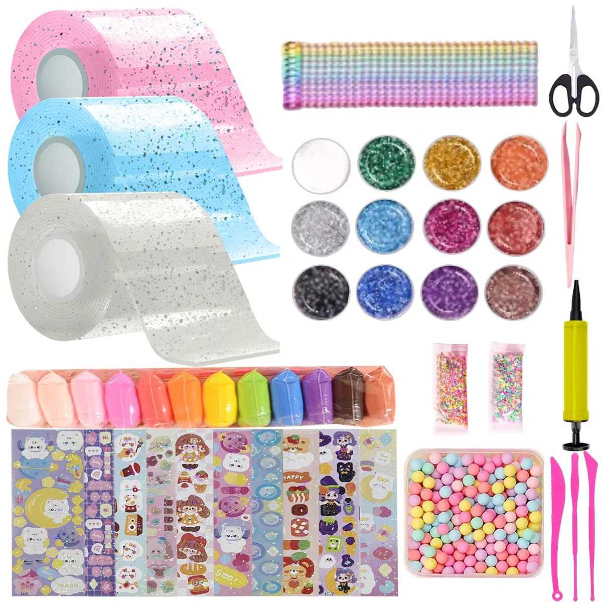 FFTANXS Set di 53 nanotape (5 cm x 3 m) + 50 pacchetti materiali deluxi, nano-band per alleviare lo stress e il divertimento, set di bolle per ragazze e ragazzi, feste (rosa + blu + bianco)