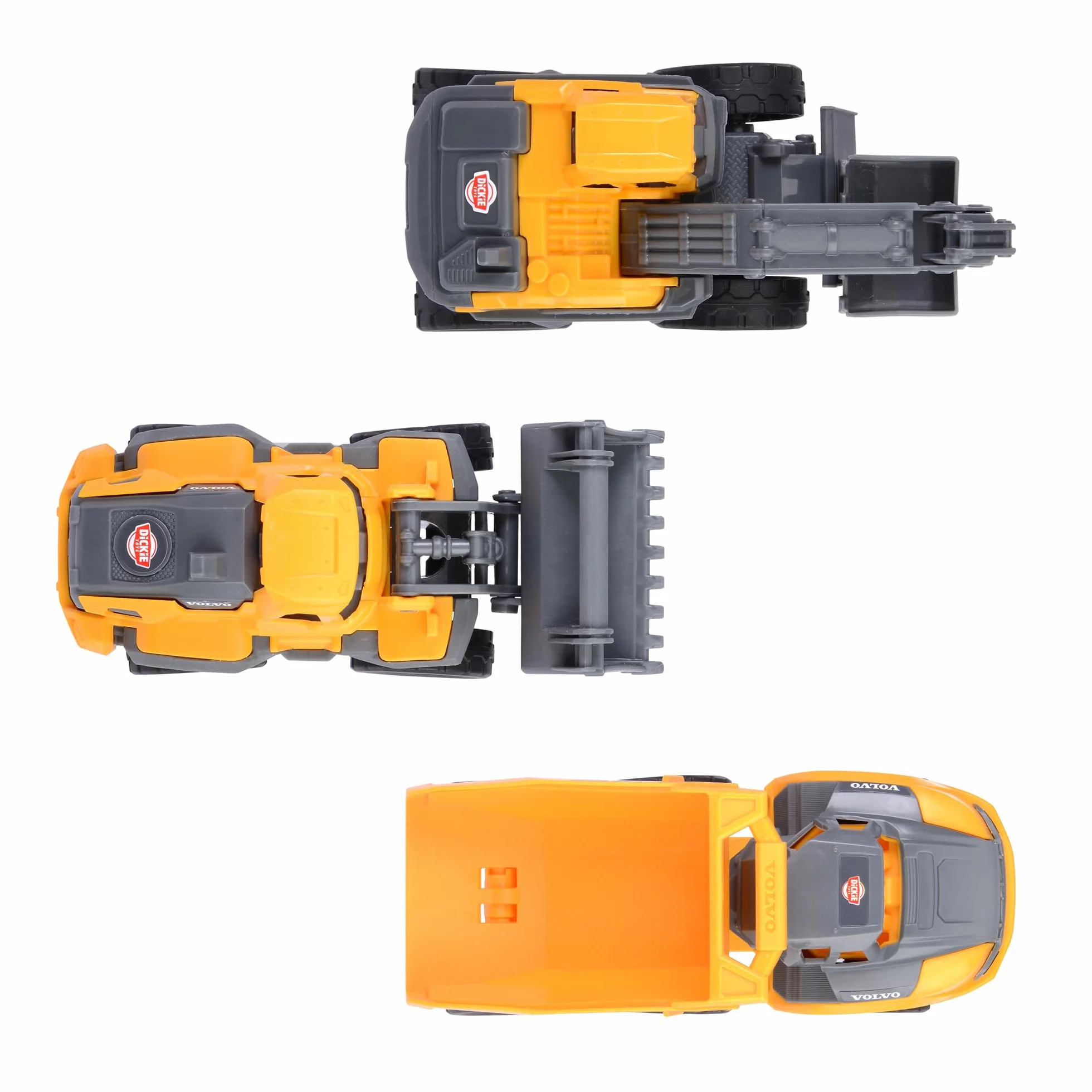 Dickie Toys - Veicoli da cantiere Volvo a partire dai 3 anni (3 pezzi) – Set da costruzione con 3 auto giocattolo (escavatore, pale gommate, camion ribaltabili) per bambini, 16 cm, auto con ruota