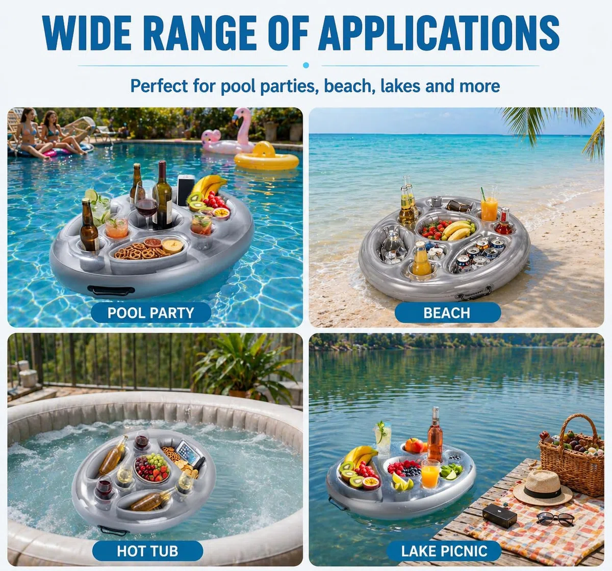 Portabevande Gonfiabile 2 in 1 con 8 Fori, Vassoio Galleggiante Grande Capacità, Bar Piscina Gonfiabile per Accessoire Piscina, Bouee Piscina, Spa Gonfiabile