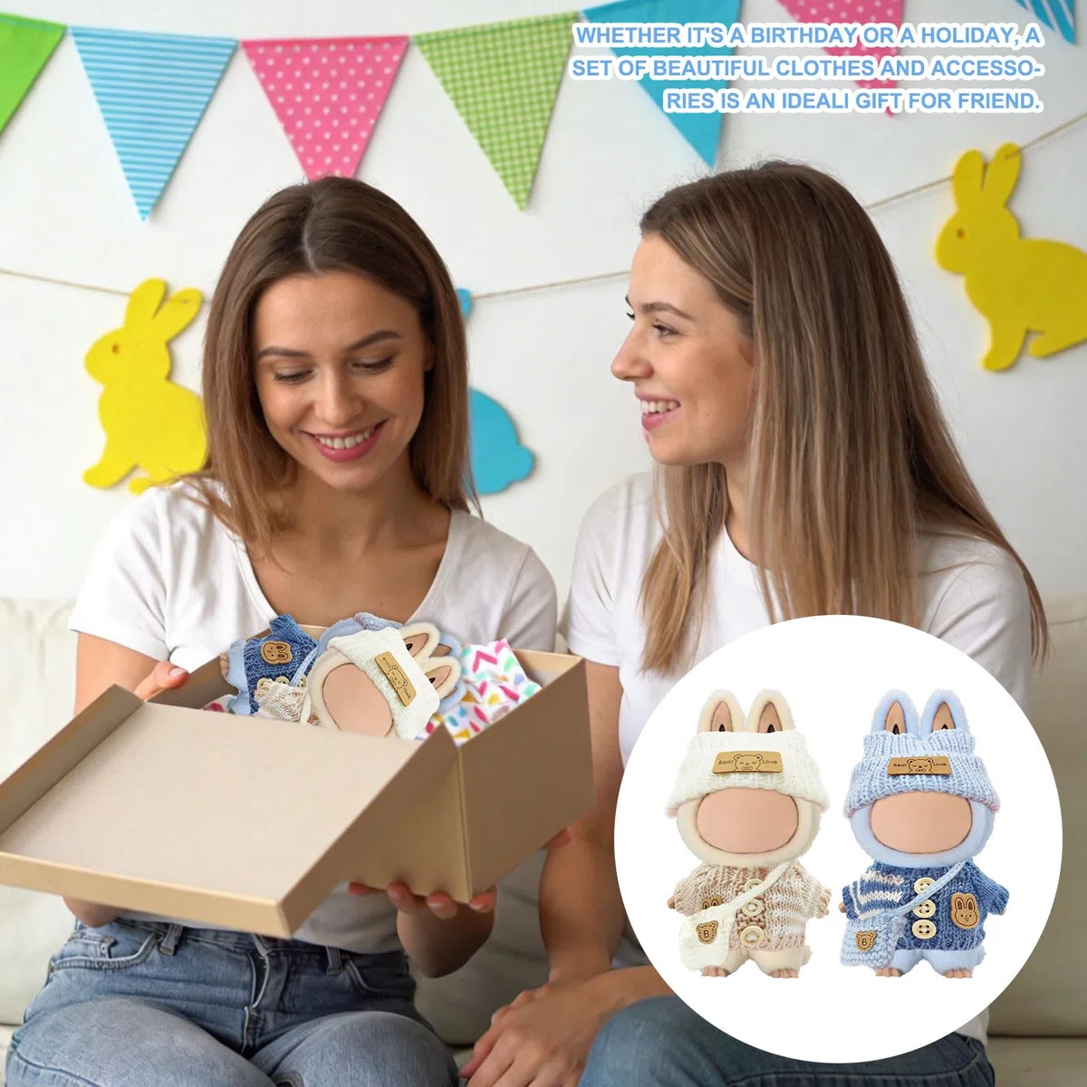 6 Pezzi Vestiti per Bambole di Peluche da 17 cm, Abiti per Bambole Lavorato a Maglia, Compresi Cappelli Vestiti e Zaini, DIY Peluche Abbigliamento, Accessori per Bambole (Blu, Bianco)