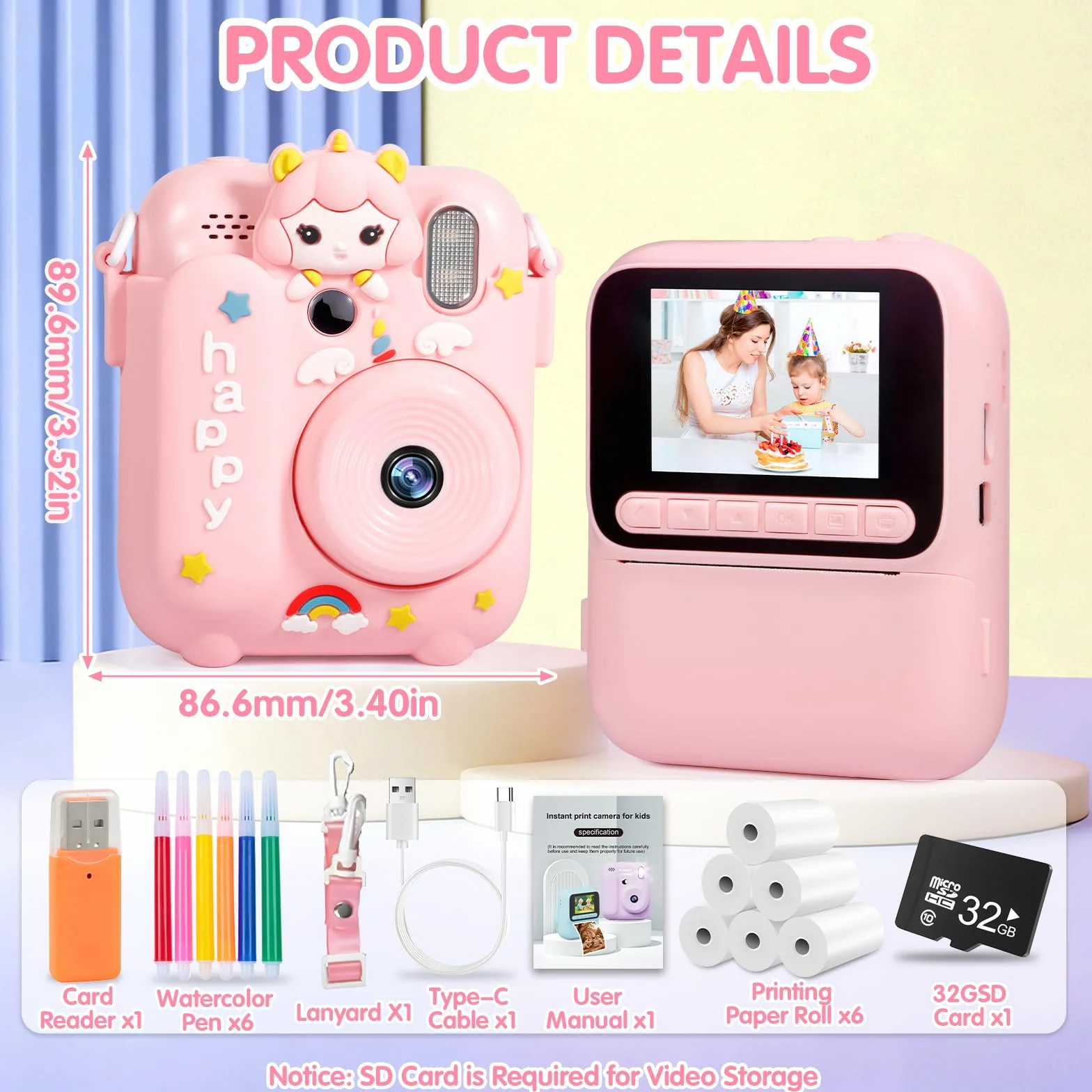 Macchina Fotografica Bambini Istantanea,2,4" Fotocamera Istantanea,1080P HD Fotocamera Digitale con 32 GB Scheda,6 Rotoli di Carta da Stampa e Penne Colorate,Regalo per Ragazze Ragazzi da 3-12