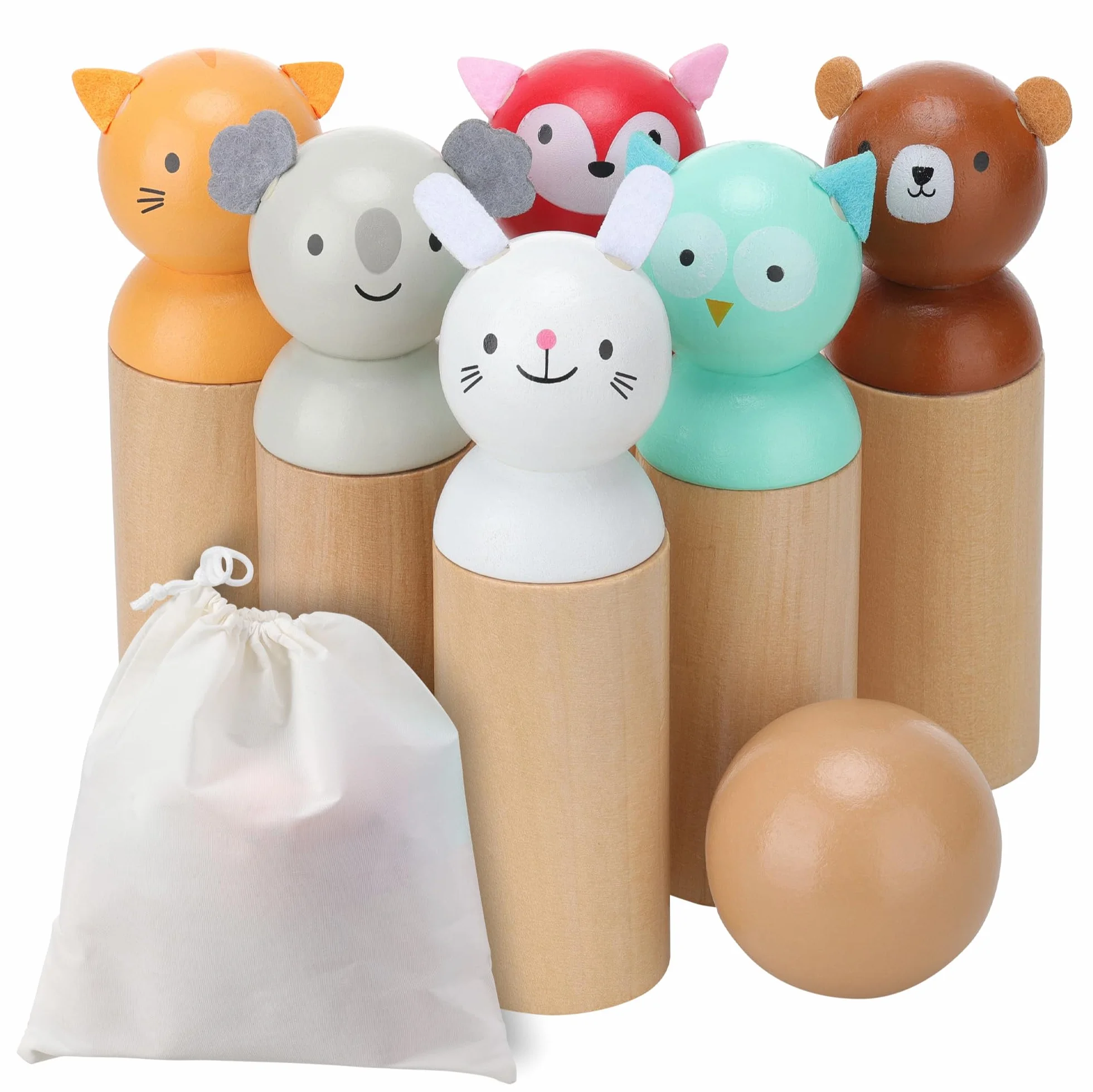 Navaris Birilli Bowling Bambini - Bowling per Bambini da 1 Anno e Mezzo - 6 Birilli e 1 Palla Legno - Gioco Bambino Bambina per Casa Giardino - Giocattolo Vintage con Animali del Bosco