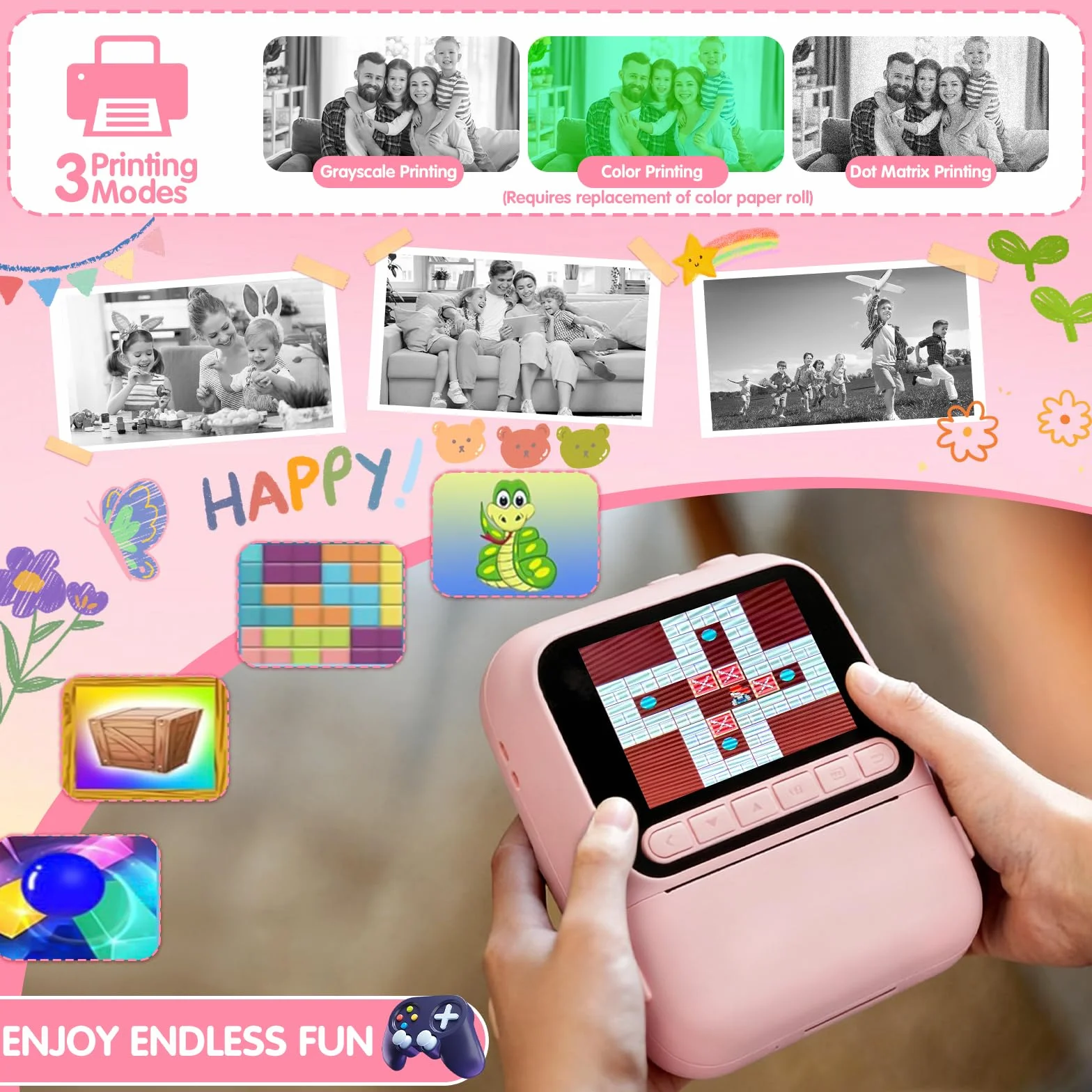 Macchina Fotografica Bambini Istantanea,2,4" Fotocamera Istantanea,1080P HD Fotocamera Digitale con 32 GB Scheda,6 Rotoli di Carta da Stampa e Penne Colorate,Regalo per Ragazze Ragazzi da 3-12