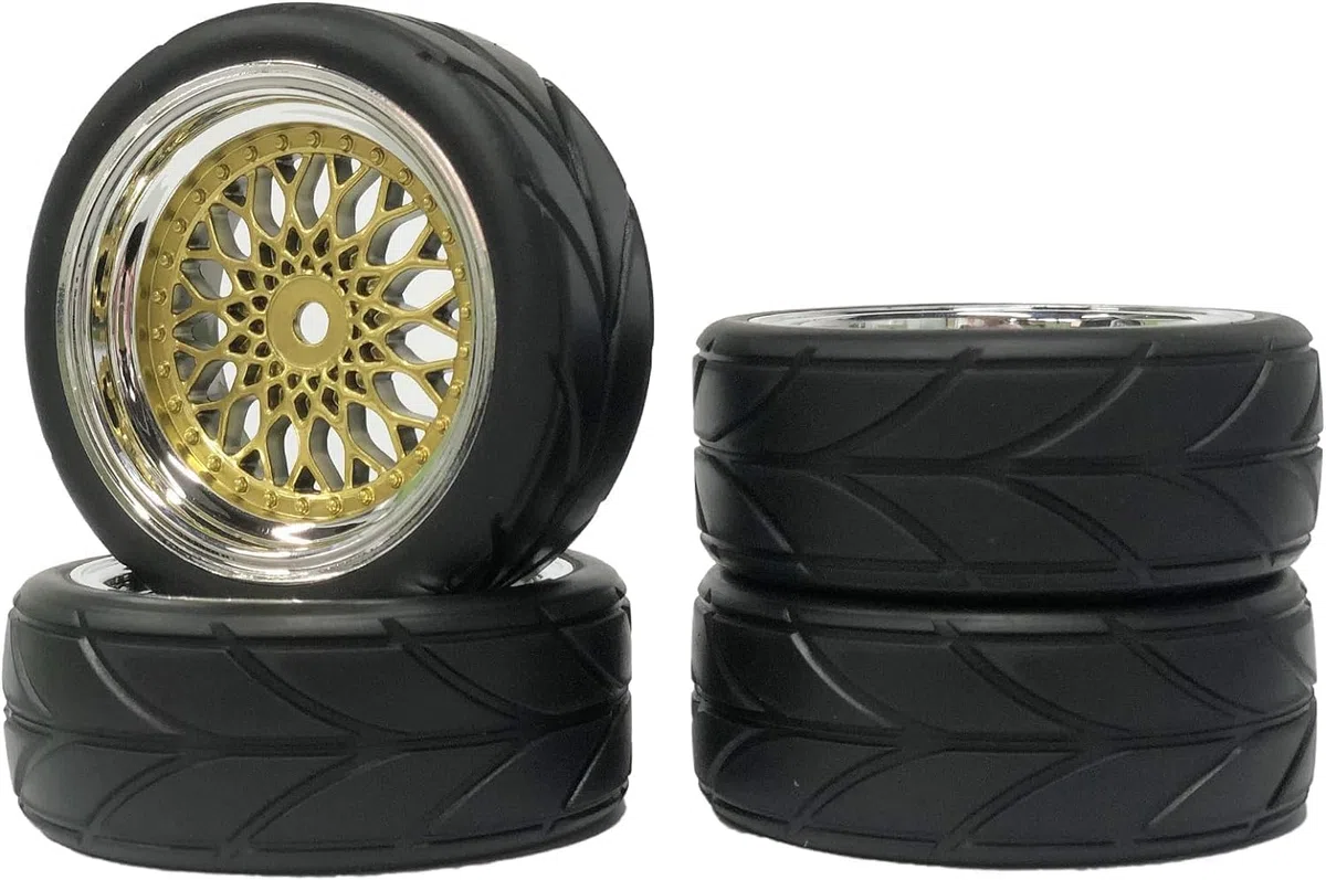 Set di pneumatici e ruote per auto RC, KINGCOO 4 pezzi pneumatici in gomma da 64mm con ruote rivestite in plastica esagonali da 12mm per 1/10 RC On-Road Run-Flating Touring Racing Auto (Oro Argento)