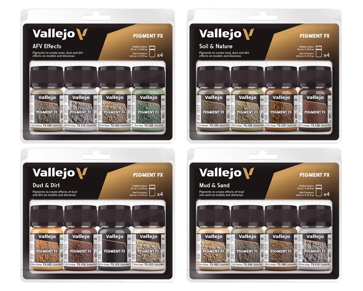 Vallejo Pigment FX Set di Pigmenti per Maquette e Diorami, Kit di 4 Colori Sintetici da 35 Ml, Tutorial Incluso per Simulazione di Barro e Arena