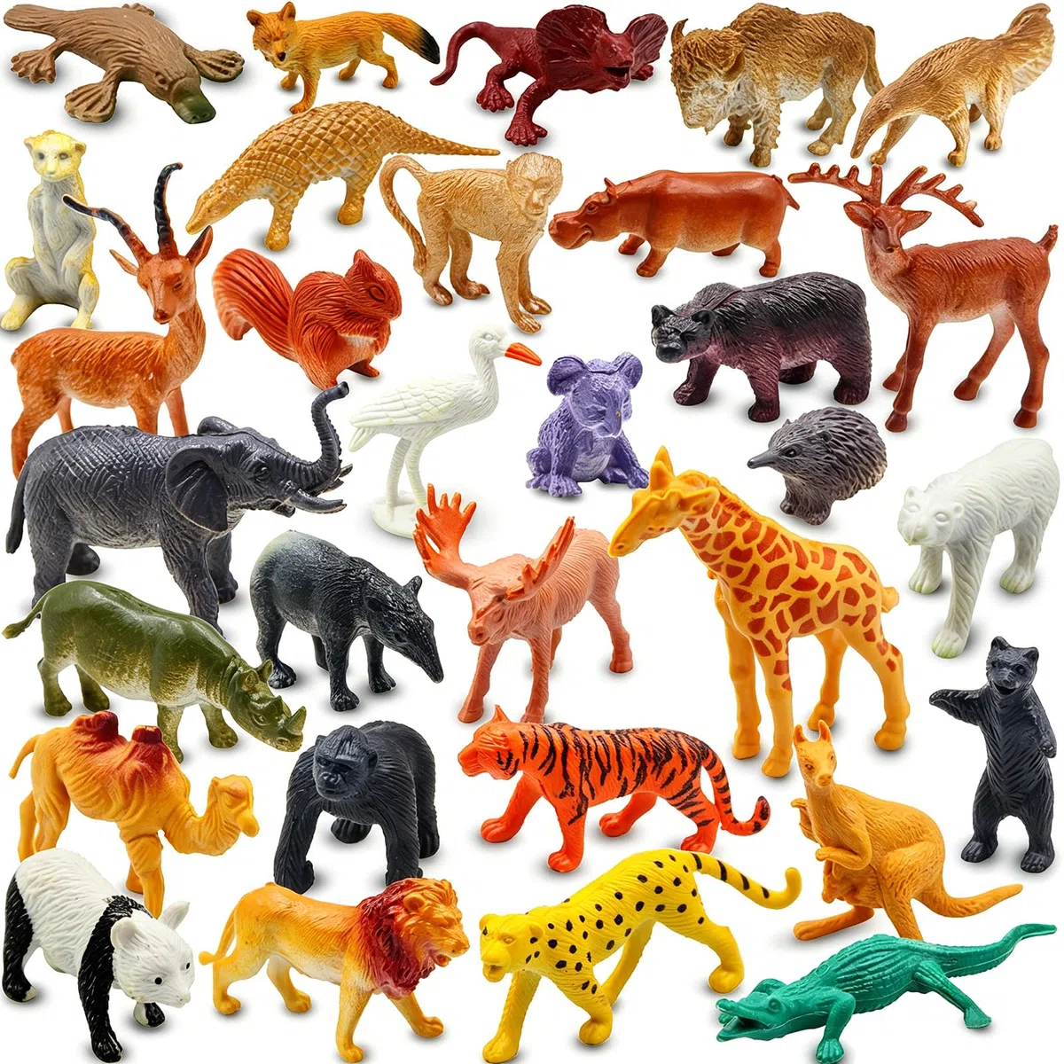 Pinowu Figure Realistiche Mini di Animali Selvatici da Zoo 32 Pezzi Set Regalo per Educazione e Bomboniere, Animali di Plastica della Foresta Safari Leone, Ippopotama, Tigre, Orso, Elefante, Giraffa