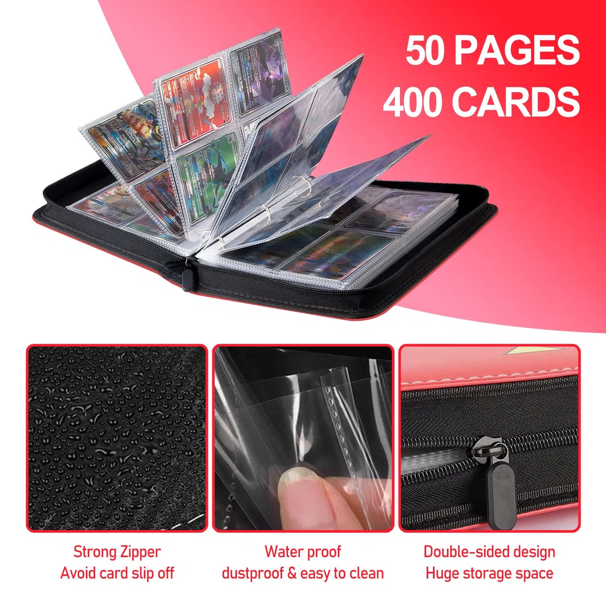 Raccoglitore Carte Album Con Cerniera Contiene 400 Carte 50 Pagine Compatibili Con Varie Regalo Per Bambini (Rosso-B)