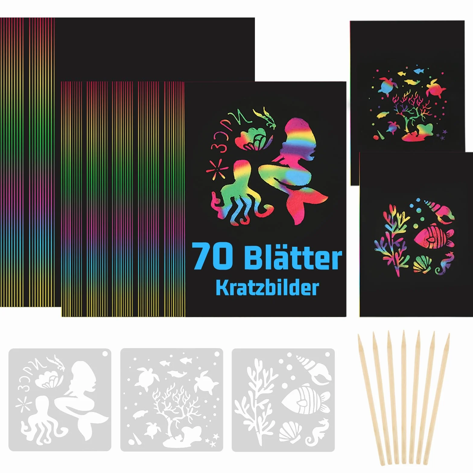 70 fogli di carta da grattare per bambini, carta arcobaleno con 7 matite in legno e 3 stencil da disegno, set di carta da grattare fai da te magico, set di carta da grattare per adulti, ragazzi e
