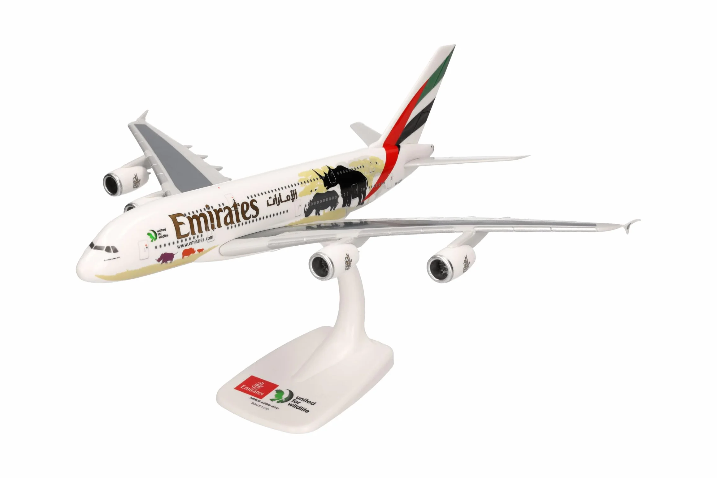 herpa modello di aereo Emirates Airbus A380 United for Wildlife (No.2), in scala 1:250 - Snap-Fit, pezzo da collezione, miniatura deco, statuetta con supporto in plastica
