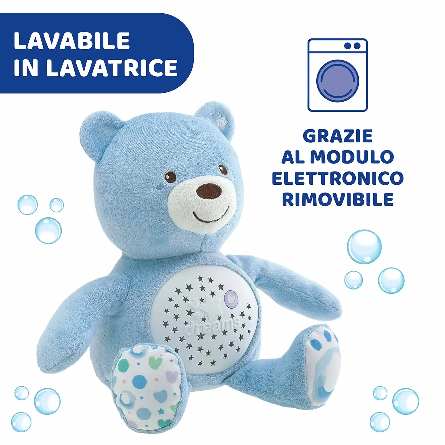 Chicco First Dreams Orsacchiotto Peluche Baby Bear, Soffice Pupazzo Proiettore con Luce Notturna Bambini, Effetti Luminosi e Rilassanti Melodie, Azzurro - Giochi Neonato 0 Mesi +