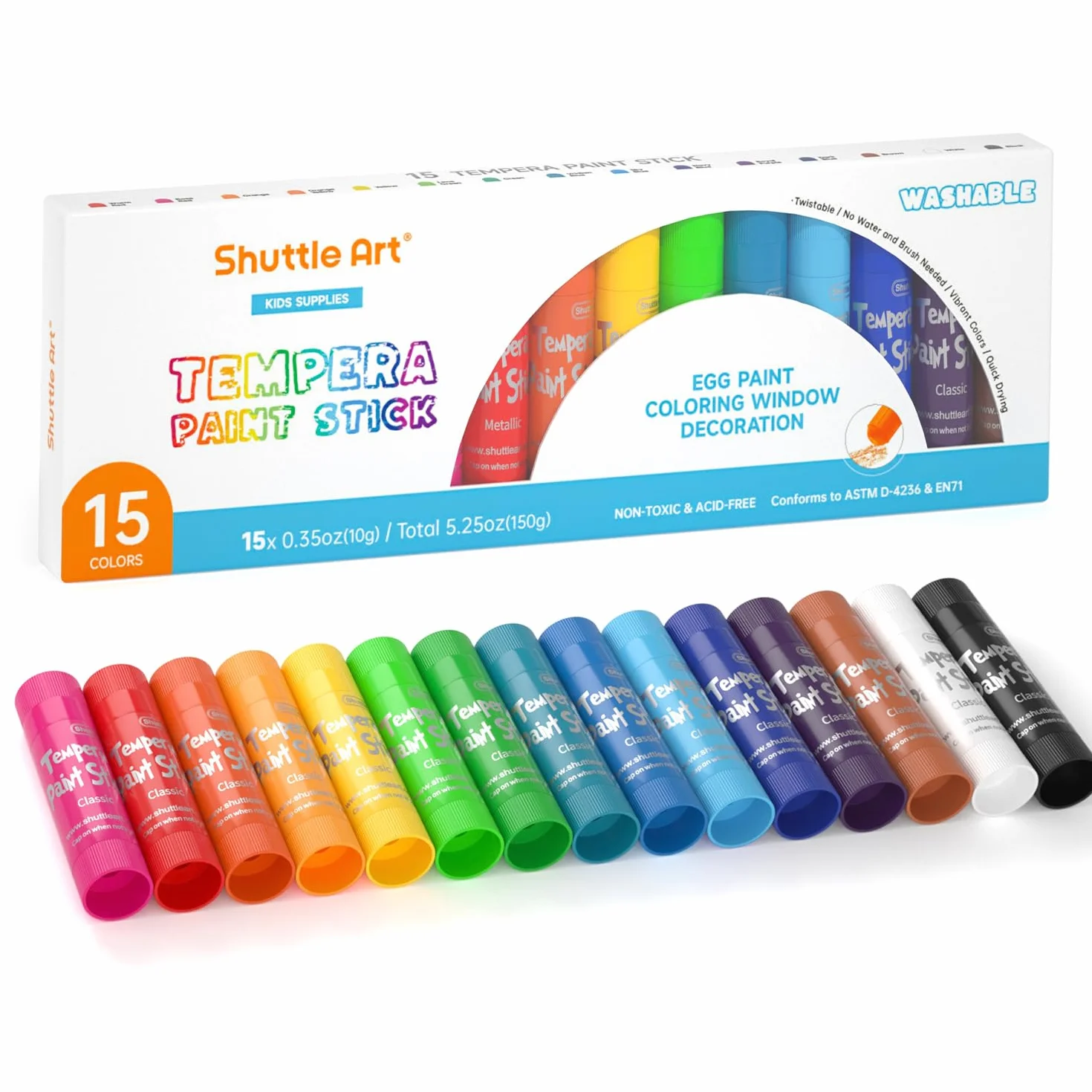 Bastoncini di vernice a tempera, 15 colori solidi per bambini, asciugatura super rapida, vernice lavabile, funziona alla grande su carta, legno, vetro, tela di ceramica