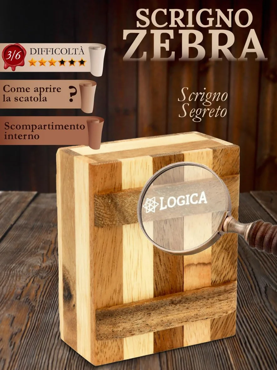 Logica Giochi - Lo Scrigno Zebra – Scatola Segreta - Rompicapo in legno – Difficulta 3/6 Difficile – Collezione Leonardo