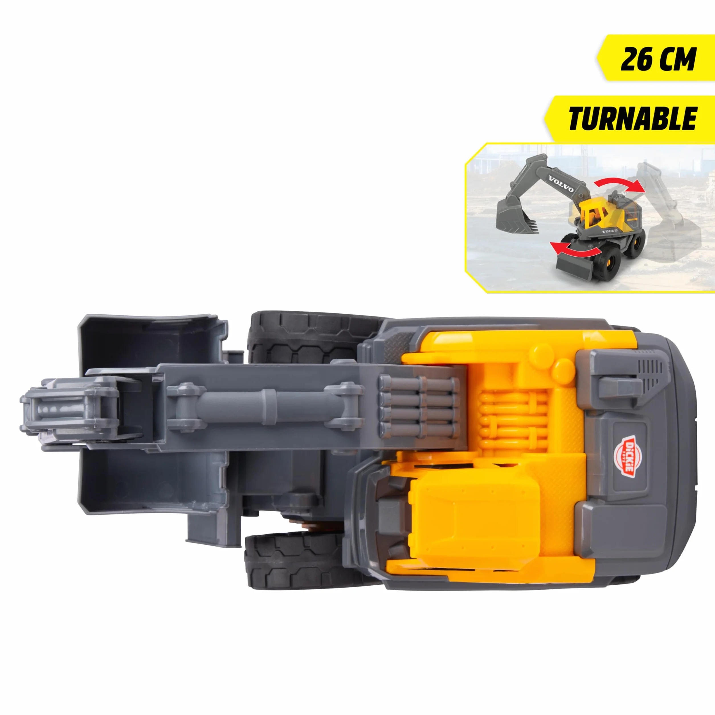 Dickie Toys - Volvo Escavatore Tough (26 cm) - Escavatore a pala giocattolo per bambini dai 3 anni in su, con ruota libera, braccio mobile e pala, adatto come giocattolo di sabbia