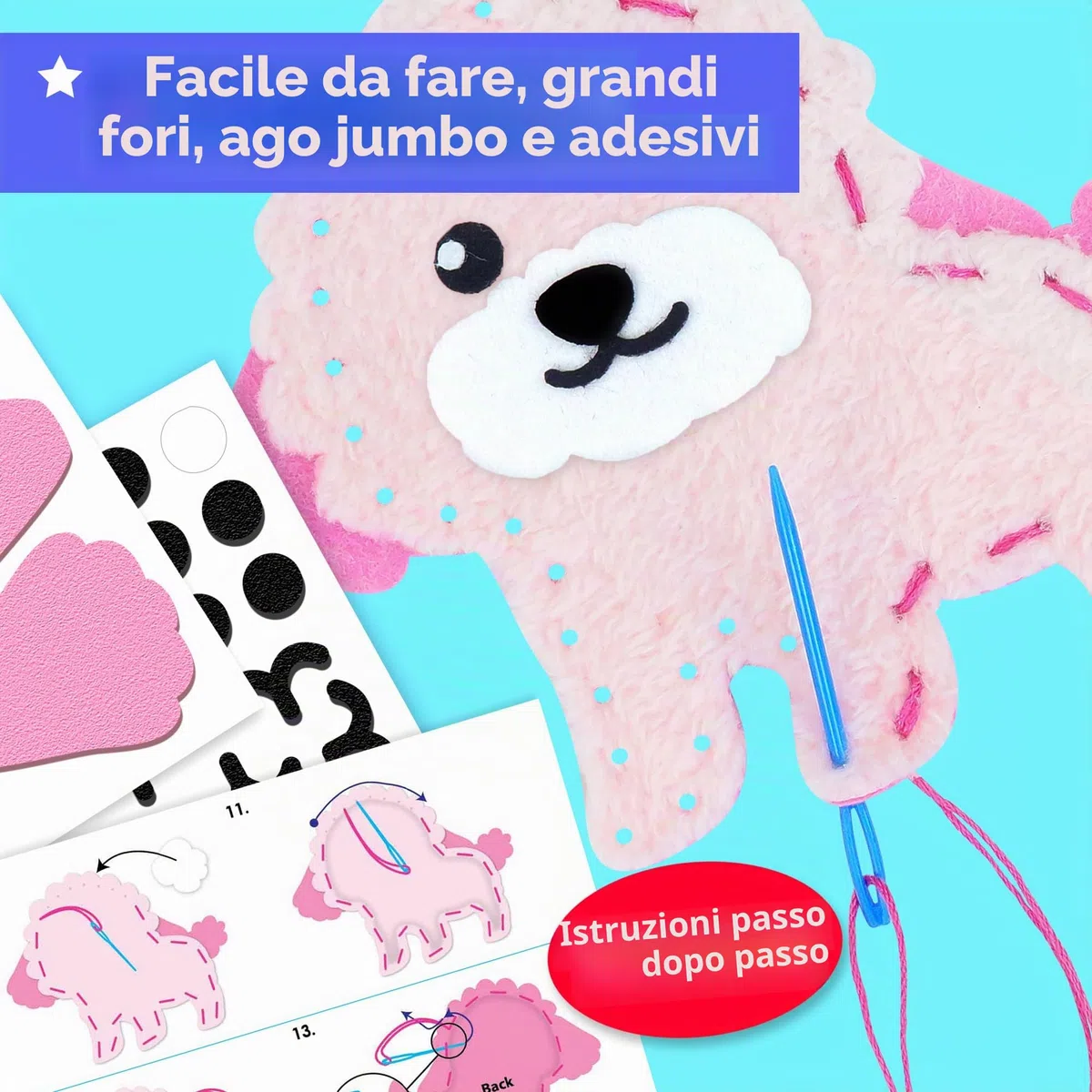 KRAFUN Kit da Cucito Cuccioli e Gattini per Bambini 5+ Anni, 8 Progetti Fai da Te (Cani, Gatti), Feltro, Istruzioni, Scatola Riutilizzabile, Giocattolo Educativo