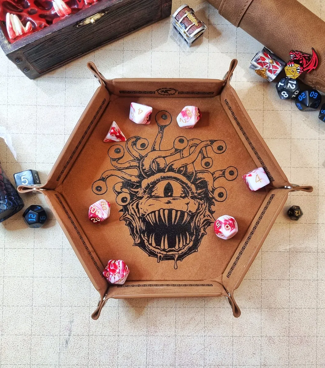 Dungeon Beholder Tappetino per rollare i dadi, vassoio per dade + set di poliedrici 7 pezzi, Dungeons and Dragons, Dungeon Master, RPG.