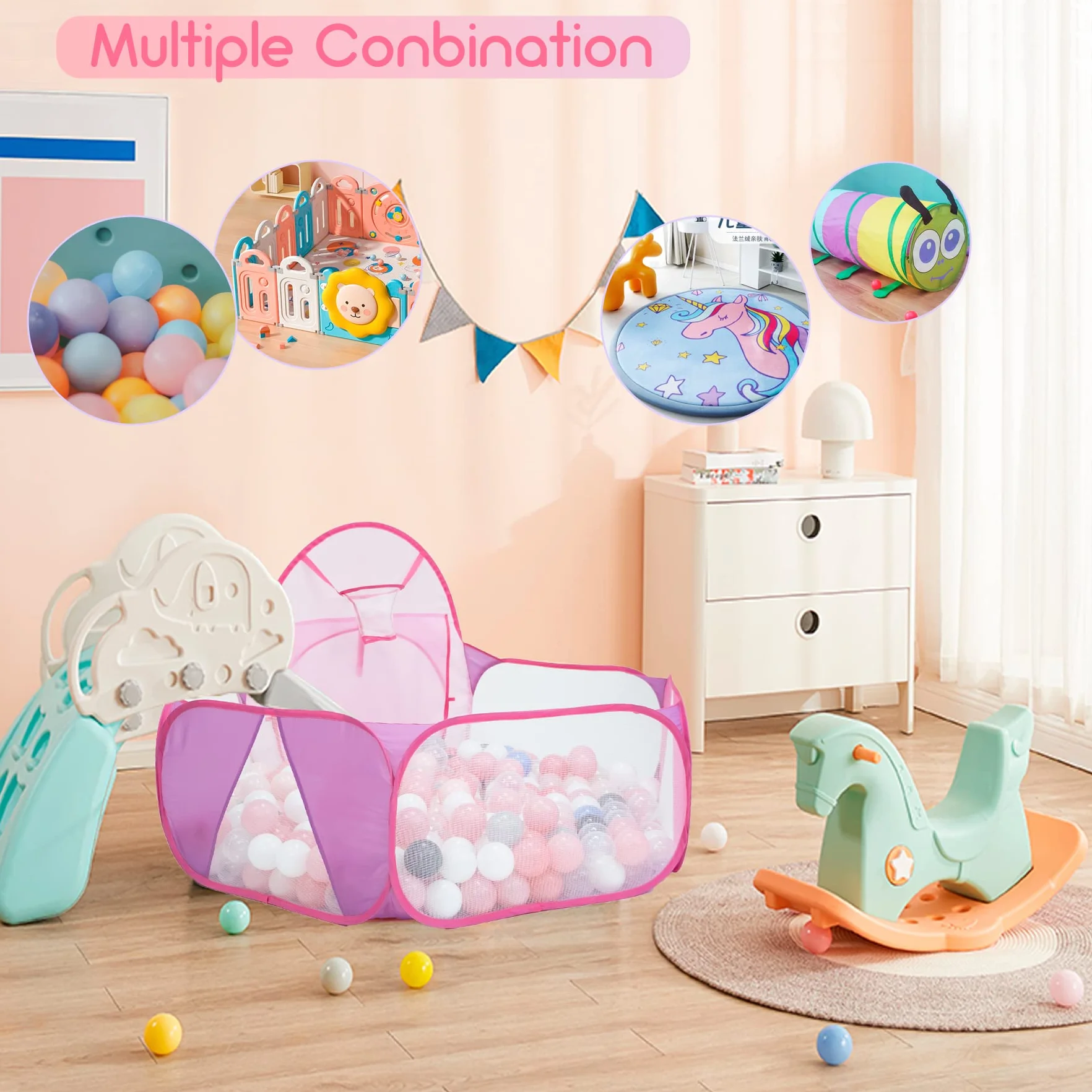 Eocolz Piscina di Palline per Bambini Grande Tenda Pop Up per Bambini Piscina di Palline Tenda per Bambini Piccoli Casa Gioco Box Gattonamento per Neonati con Canestro da Basket e Borsa Portaoggetti