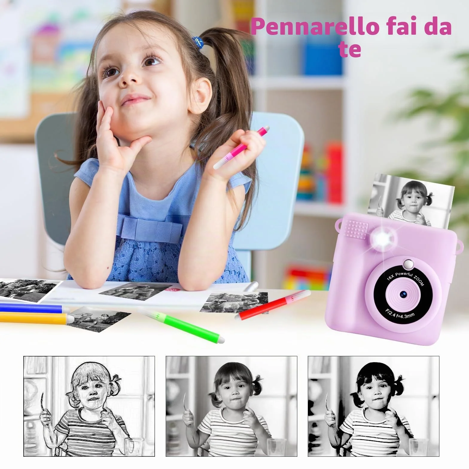 CHRERNA Macchina Fotografica Bambini Istantanea,2,4 Pollici Fotocamera Istantanea Bambini con 32GB Scheda, 1080P HD Fotocamera Digitale Bambina, Regalo per Ragazze Ragazzi da 3-12 Anni