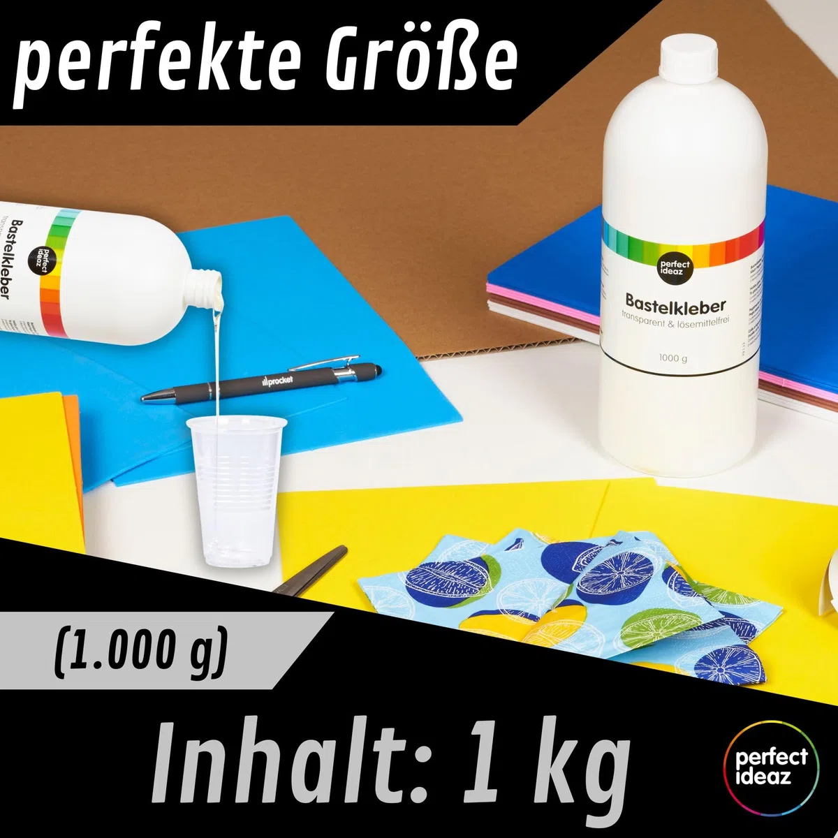 perfect ideaz - colla per il fai da te da 1000 g (1 kg), collante trasparente, privo di solventi, lavabile, liquido, idrosolubile, ad asciugatura rapida, sostanza adesiva per progetti scolastici