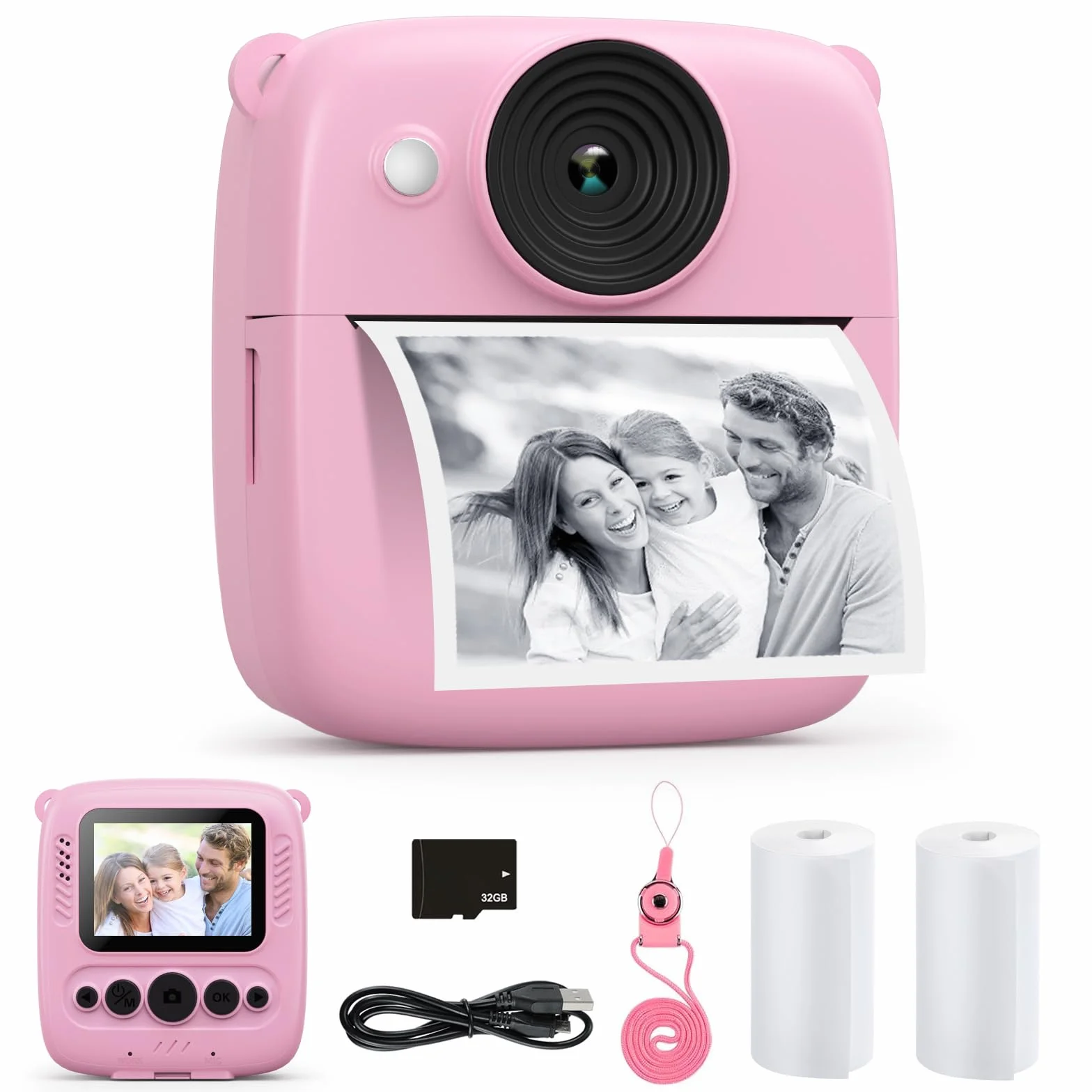 CalineGam Macchina Fotografica Bambini Istantanea, 2.0 Pollici Fotocamera Digitale Bambini con 32GB Scheda e Carta Fotografica, Regali di Natale Compleanno per 4 5 6 7 8 9 10 Ragazze Ragazzi (Rosa)