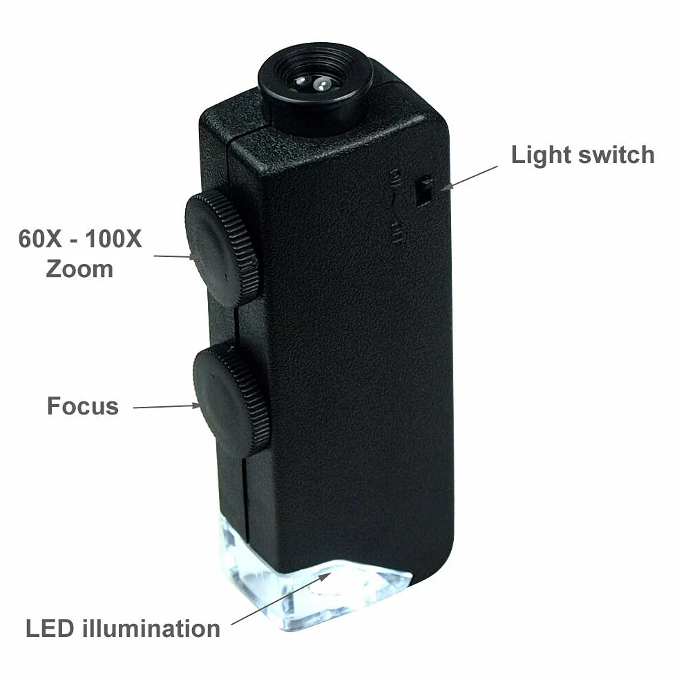 Mini microscopio illuminato a LED da 60X - 100X, lente d'ingrandimento per gioielli, monete, gemme, francobolli, orologi, rocce