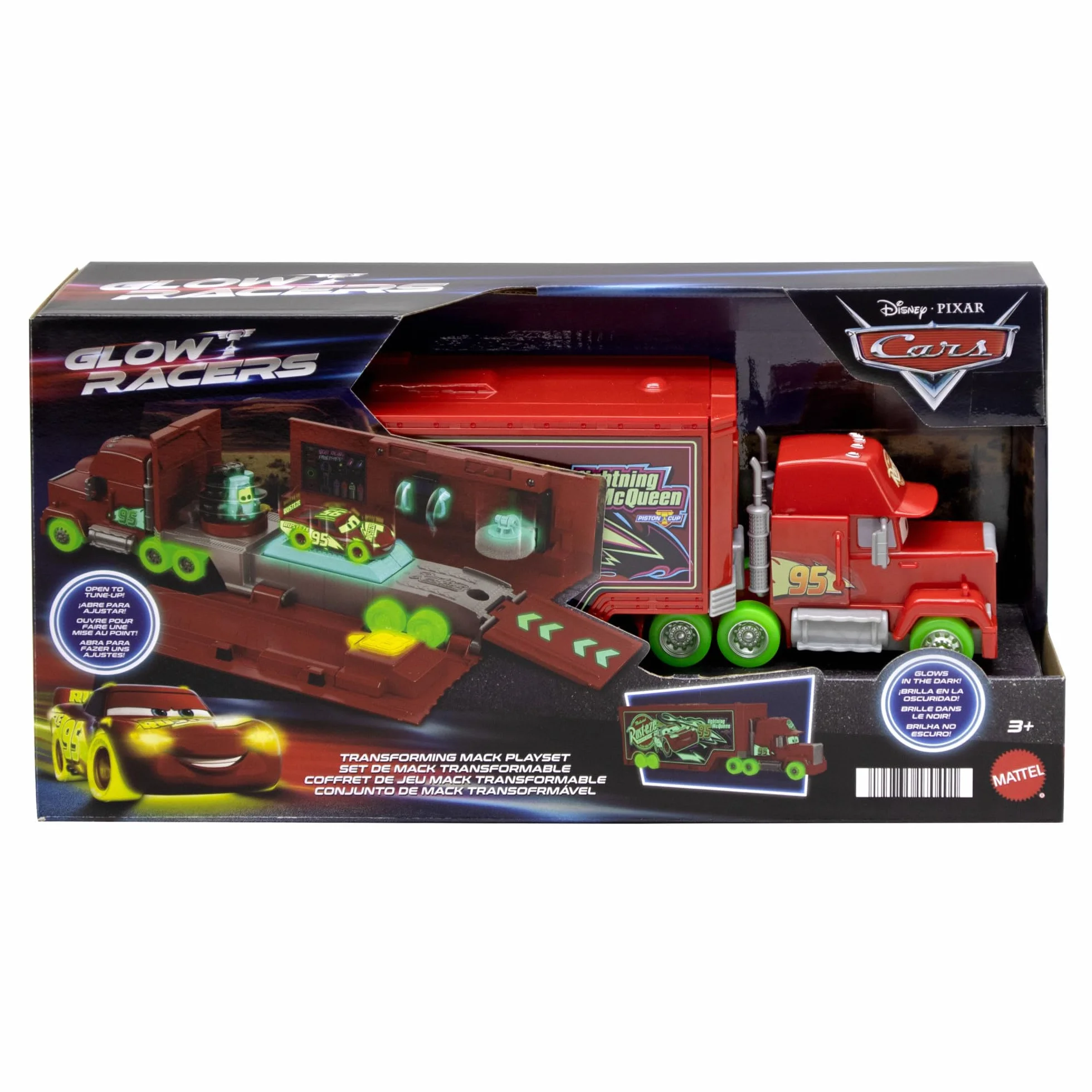 Mattel Disney Pixar Cars Auto Luminose Mack Trasformabile, playset con truck giocattolo fluorescente 2 in 1 e officina per la messa a punto con lanciatore, ponte sollevatore e molto altro, HPX76