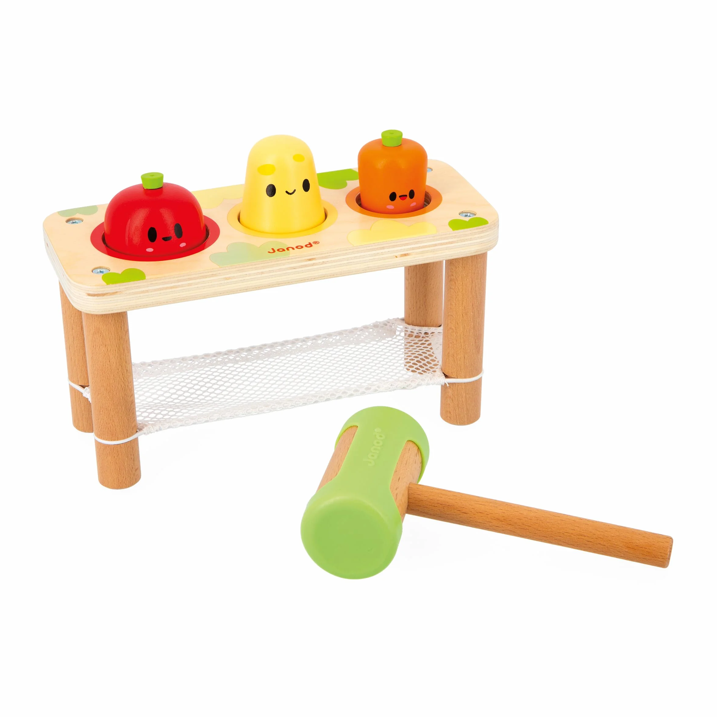 Janod Taptap Verdure della Fattoria, Giocattolo Multisensoriale per Bambini, 3 Verdure dell'Orto e 1 Martello, Sviluppa Le Abilità Fino-Motorie, Giocattolo in Legno FSC, dai 12 Mesi, J03309