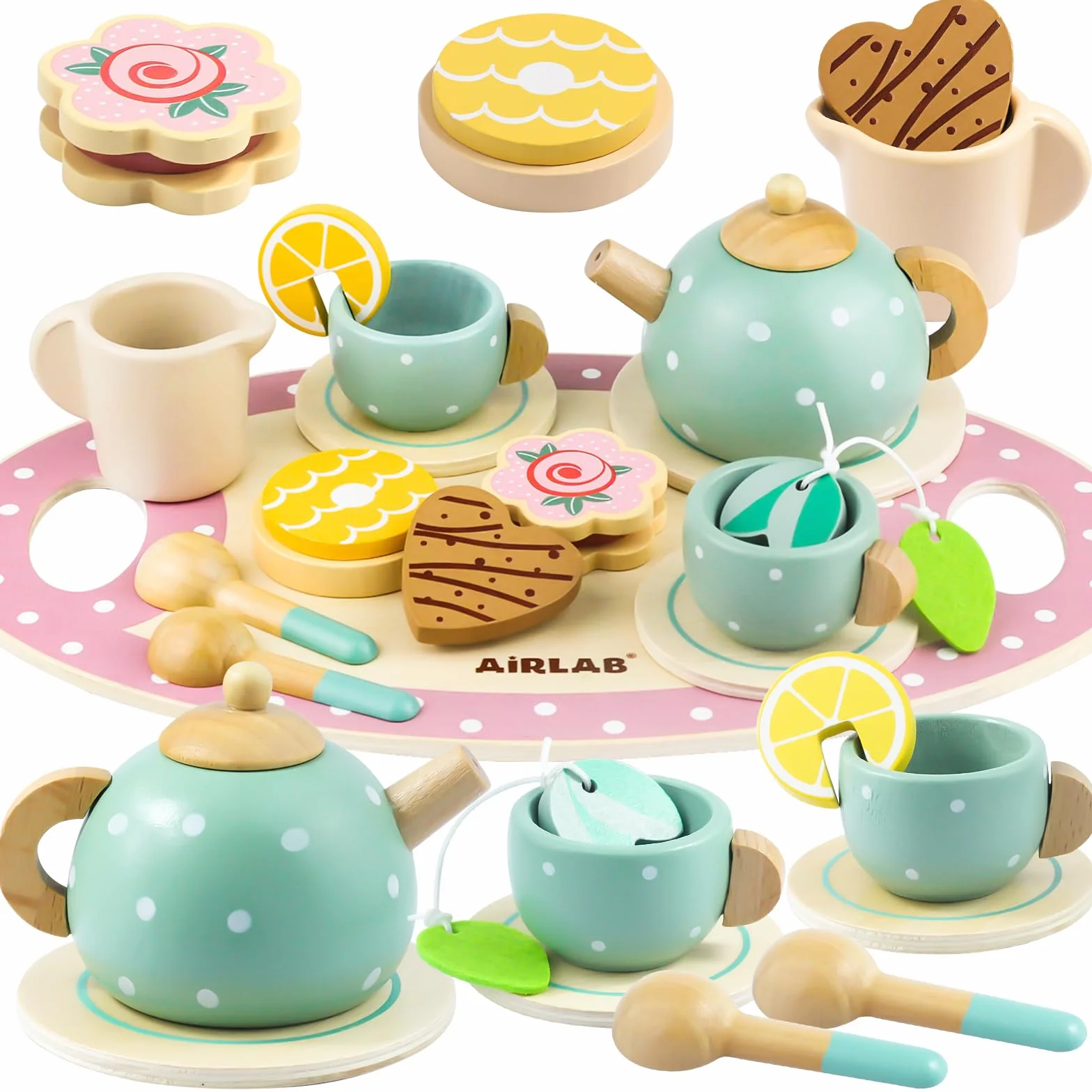 Airlab Set Tazzine Gioco per Servizio da Tè, Accessori Cucina Giocattolo Legno per Bambina Bambini, Set Cibo Finto Giocattolo per Cucina Bambini, Regalo Bambino Compleanno Pasqua Halloween Natale