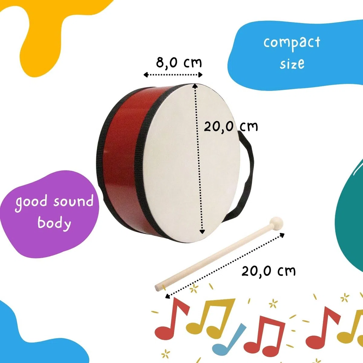 Tamburo per bambini, strumento musicale in legno con tracolla e stick D: 20 cm - 3847