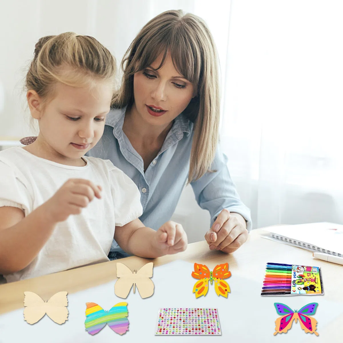 Qunkun Set fai da te in legno con unicorno, 55 pezzi, set fai da te creativo per bambini, set fai da te con matita ad acquerello e adesivi con pietre preziose