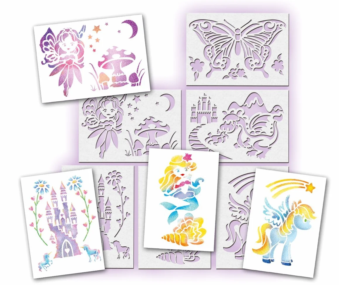 Lansay - BLOPENS - Set attività Fatate - Pennarelli da Soffiare con Stencil Riutilizzabili - Idea Regalo Bambini dai 5 Anni - Kit Creativo Disegni Fate, Unicorni e Sirene Glitterate